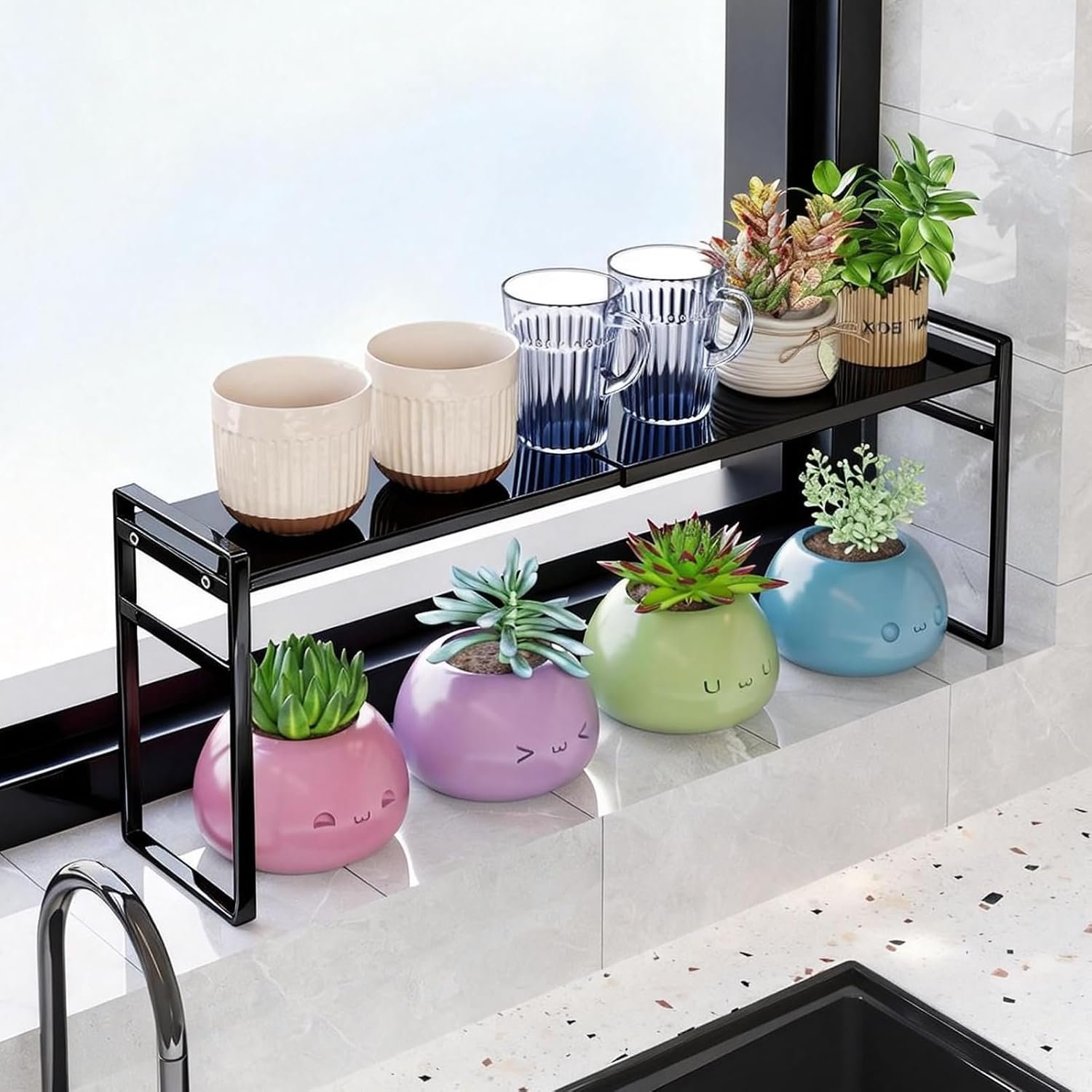 Expandable Narrow Tall Storage Shelf with Anti-Detach Buckle | Multi-Use Organizer, Over Sink, Kitchen Counter, Windowsill Plants, Bathroom Vanity, Office Desk, Entryway & Laundry Room