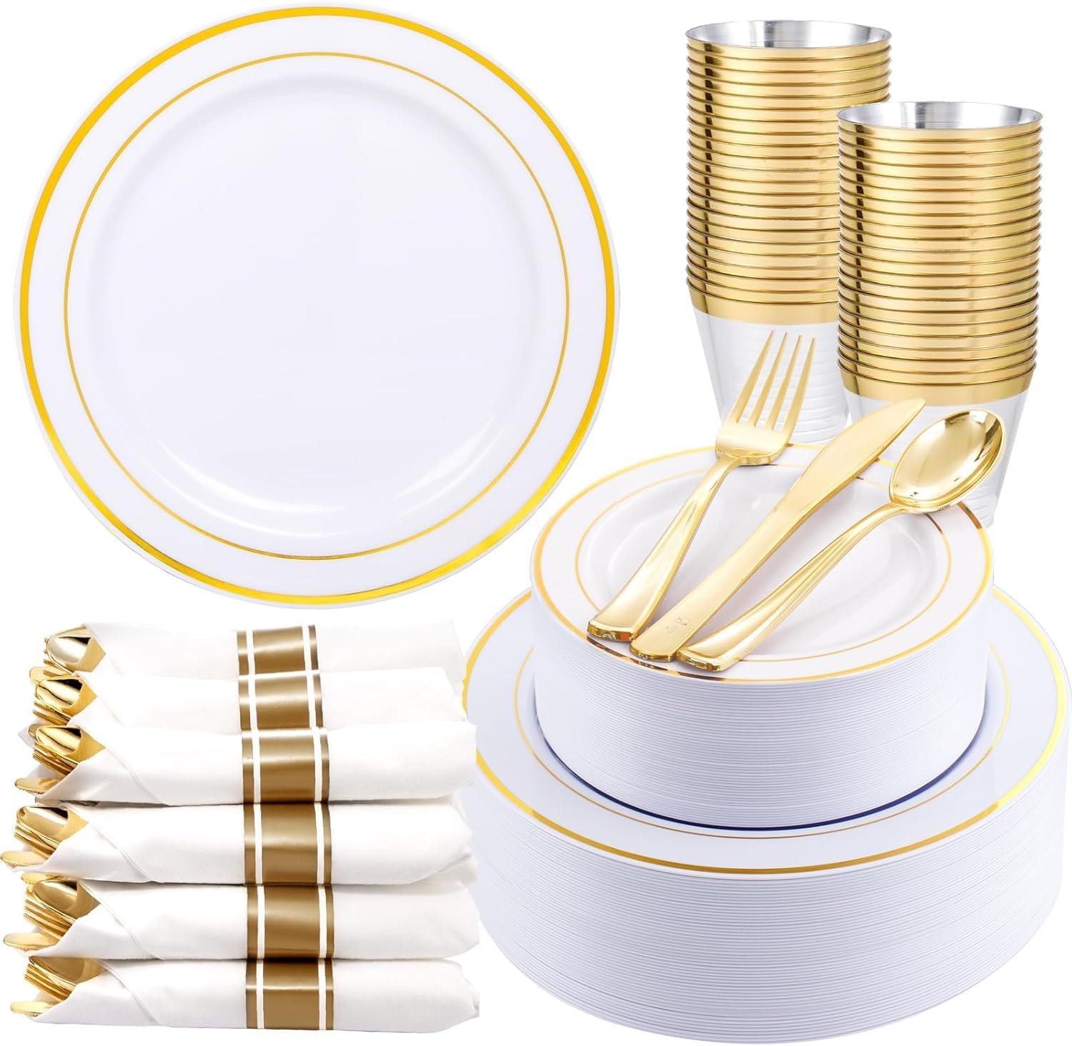 350Piece Gold Dinnerware Set for 50 Guests – Gold Plastic Plates with Disposable Cutlery – 50Dinner Plates-50Dessert Plates-50Pre Rolled Napkins with Silverware for Wedding/Birthday