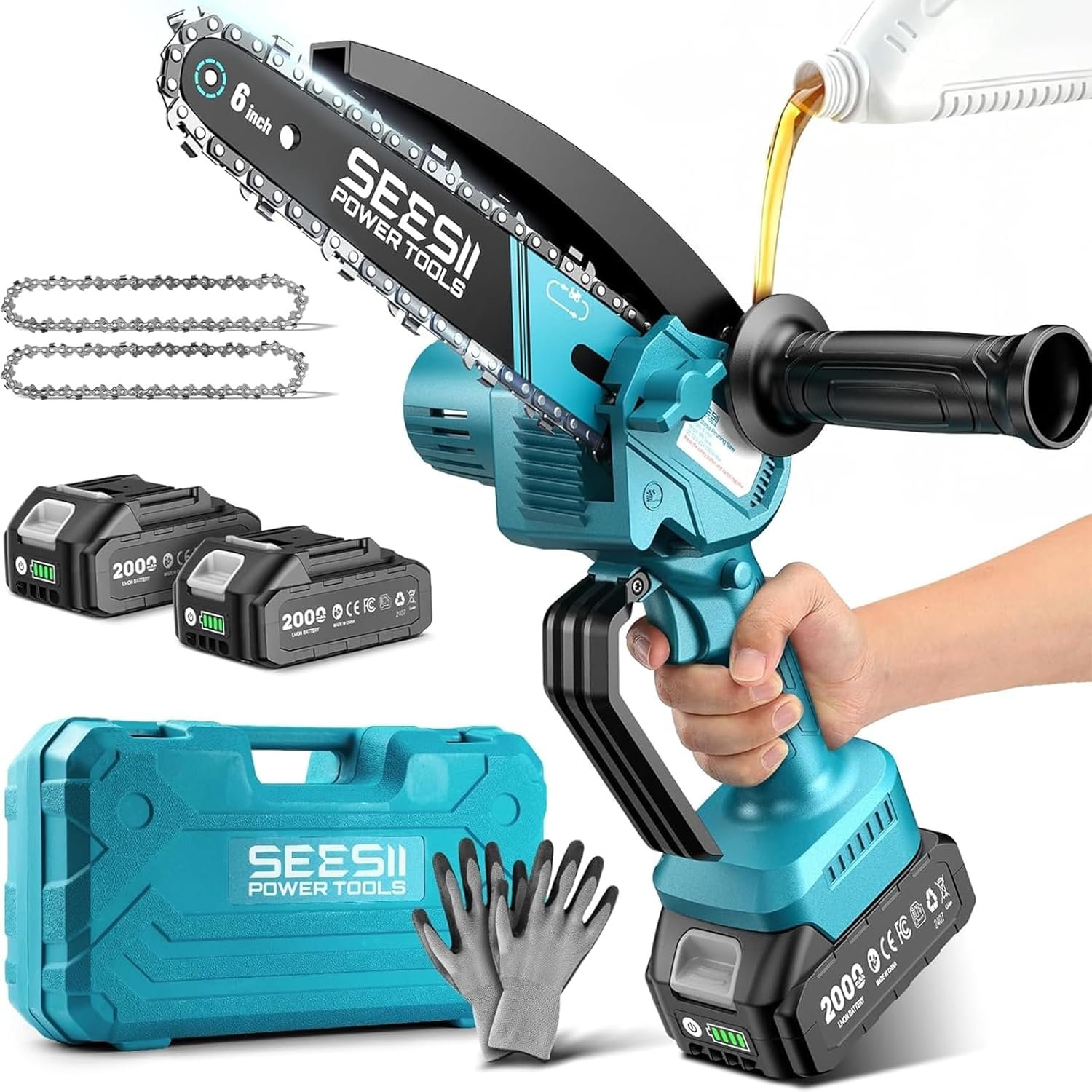 SEESII 6 Inch Mini Electric Chainsaw Cordless Battery Powered | 2026 Upgraded Hand Held Saw with 2x2000mAh Batteries for Wood/Tree Trimming, Chain Saw Gift for Men Husband Father Gardener