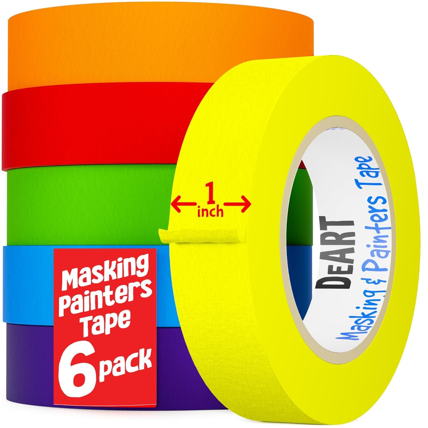 DEART Colored Masking Tape Painters Tape Writable 12, 8 or 6 Pack – 1 inch or 0.6 Inches for Arts & Crafts, Art Supplies, Whiteboard Tape Dry Erase Board Tape Craft Supplies (6, Large (20 Yd))