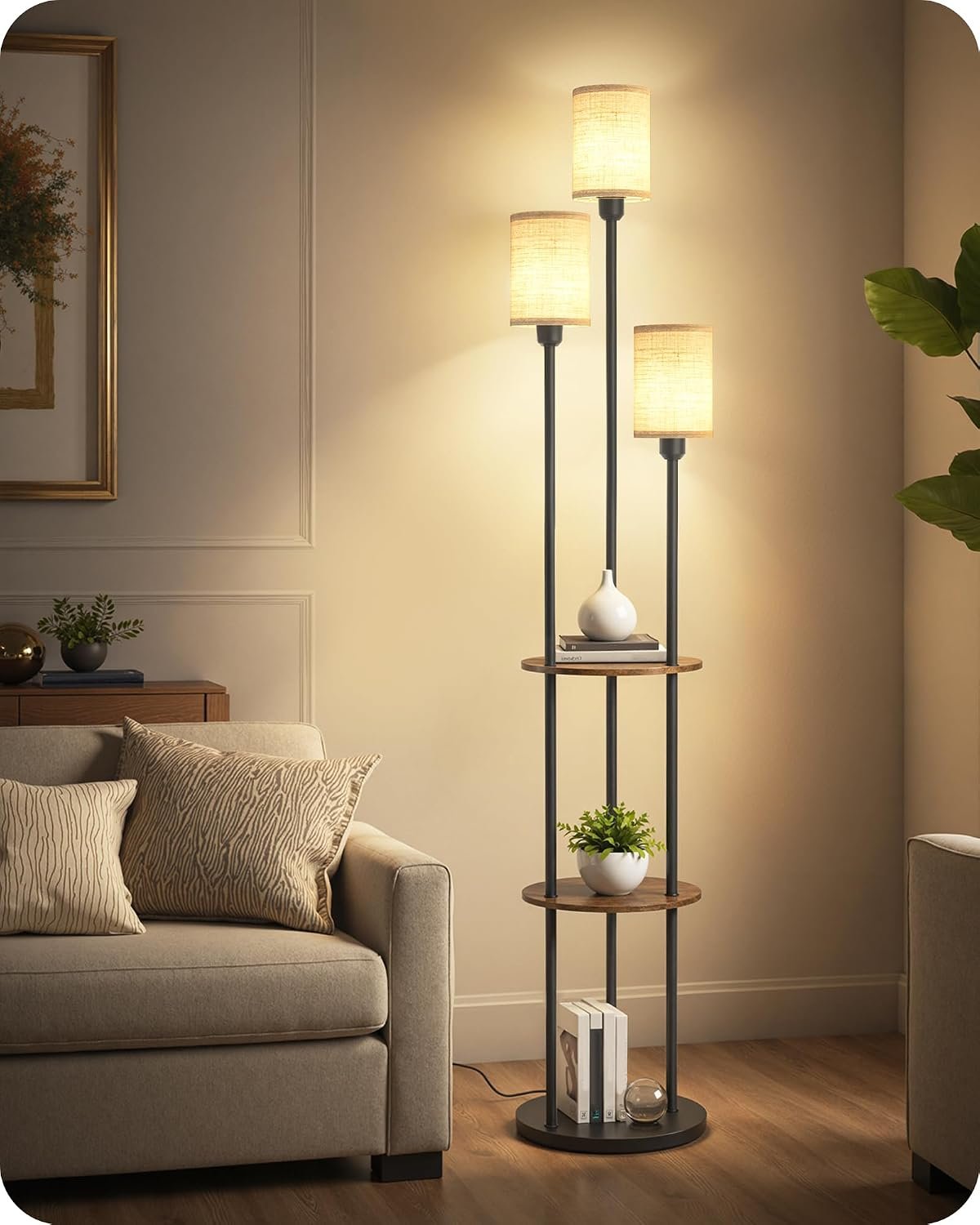 70.9″ Floor Lamp with Shelves, Modern Floor Lamp with 3 Linen Shades and Foot Switch, 3-Light Standing Lamp, for Living Room, Bedroom, Study, Office, Rustic Brown and Beige EF53LD05
