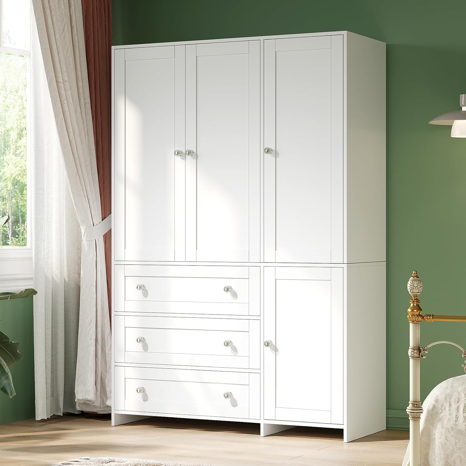 VOWNER 71″ Armoire Wardrobe Closet with 3 Drawers and Mirror | Clothing Storage Cabinet with Hanging Rod, 4 Doors Wooden Wardrobe Cabinet for Bedroom, Large Capacity Storage