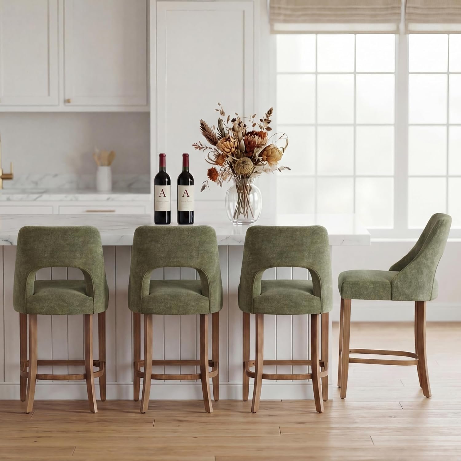 UVV Bar Stools Set of 4, Upholstered Counter Height Bar Stools, Modern Counter Stools with Wood Legs for Kitchen Island Dining Room Bar, Green