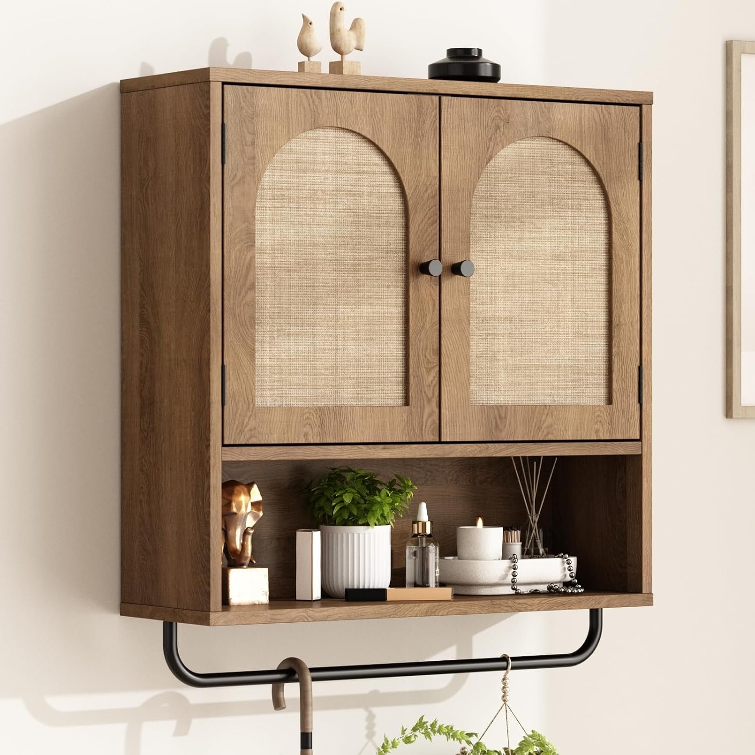 RUSTOWN Rattan Bathroom Wall Cabinet, Boho Medicine Cabinet with 2 Doors | Arched Doors, Farmhouse Over The Toilet Storage Cabinets, Adjustable Shelves, Towel Bar, 3-Tier Wall Mounted Cabinets