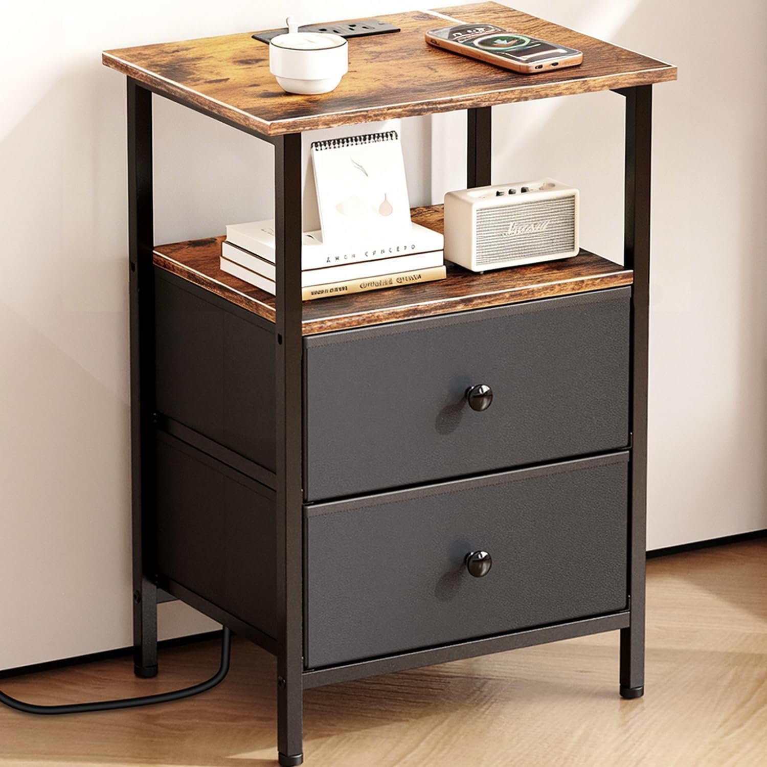 Nightstand with Charging Station, Bedside End Table with 2 Fabric Drawers for Bedroom, Side Table with USB Ports and Outlets (Brown Black)