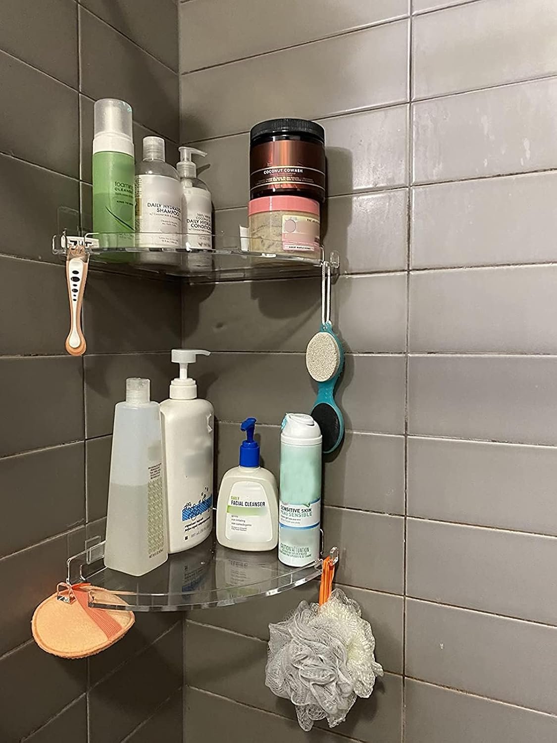 JiePai Adhesive Acrylic Corner Shower Caddy 2 Pack, Rustproof Bath Shelf | Thick clear acrylic, rustproof & mildew resistant. No-drill adhesive mount for corner. For shower, kitchen or bathroom