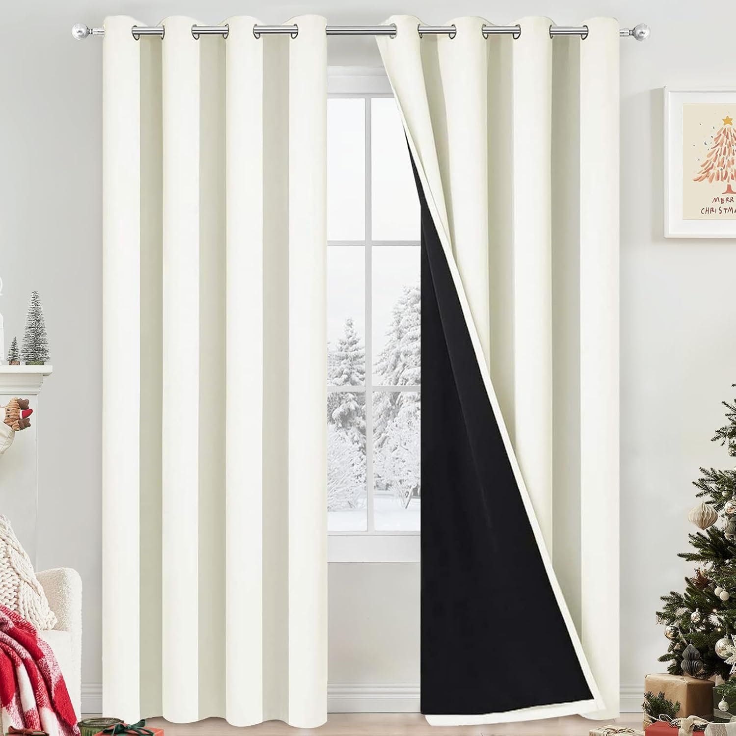 Yakamok Cream 100% Blackout Curtains 84 Inches Long for Bedroom 52″ Wide | Blackout Curtain Panels for Bedroom, 2 Thick Layers Grommet Top Thermal Insulated Drapes with Black Liner for Living Room