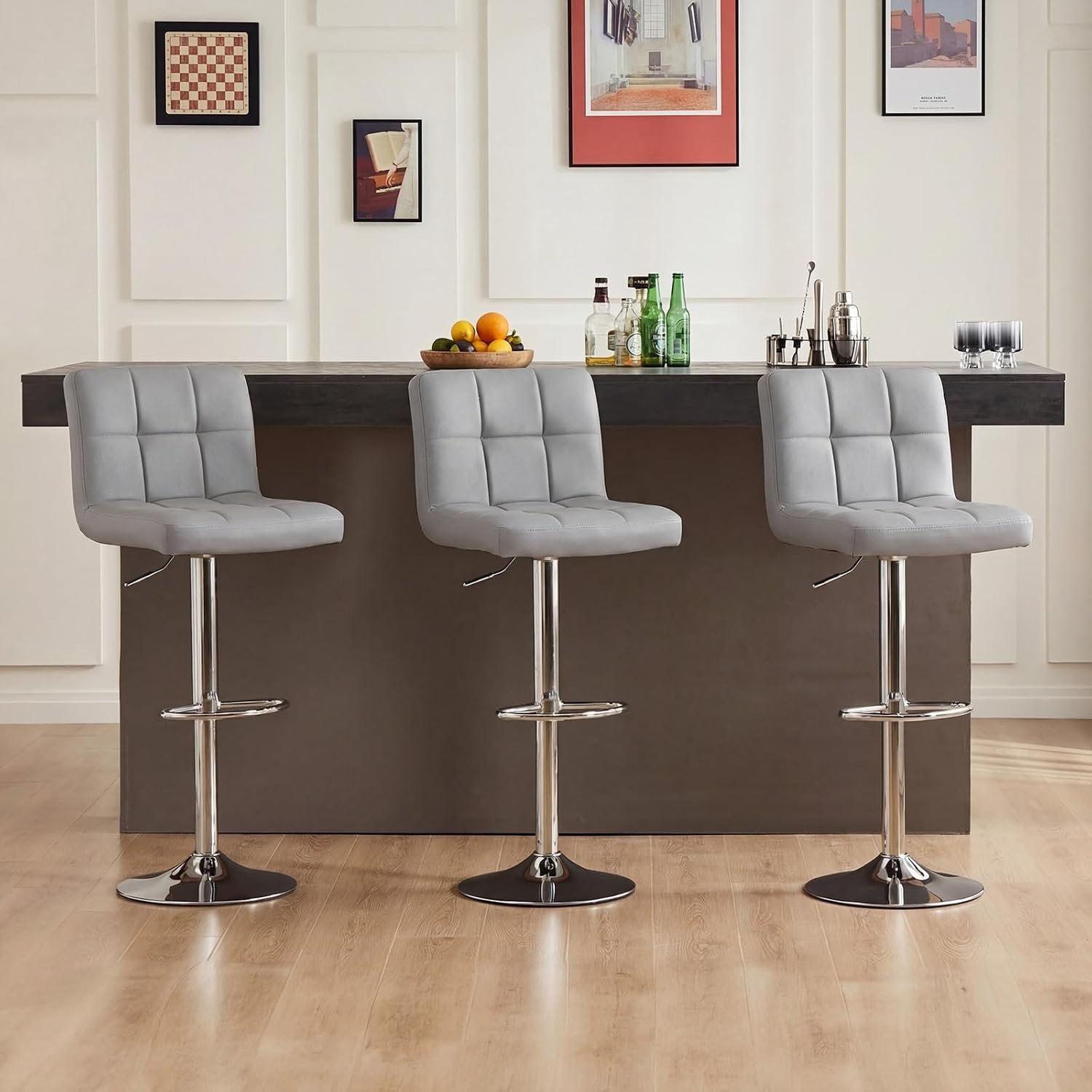 DUMOS Bar Stools Set of 4, 24 inch Counter Height Bar Chairs, Upholstered Modern Kitchen Barstools with Metal Base, PU Leather Saddle Stools for Kitchen Island, Grey