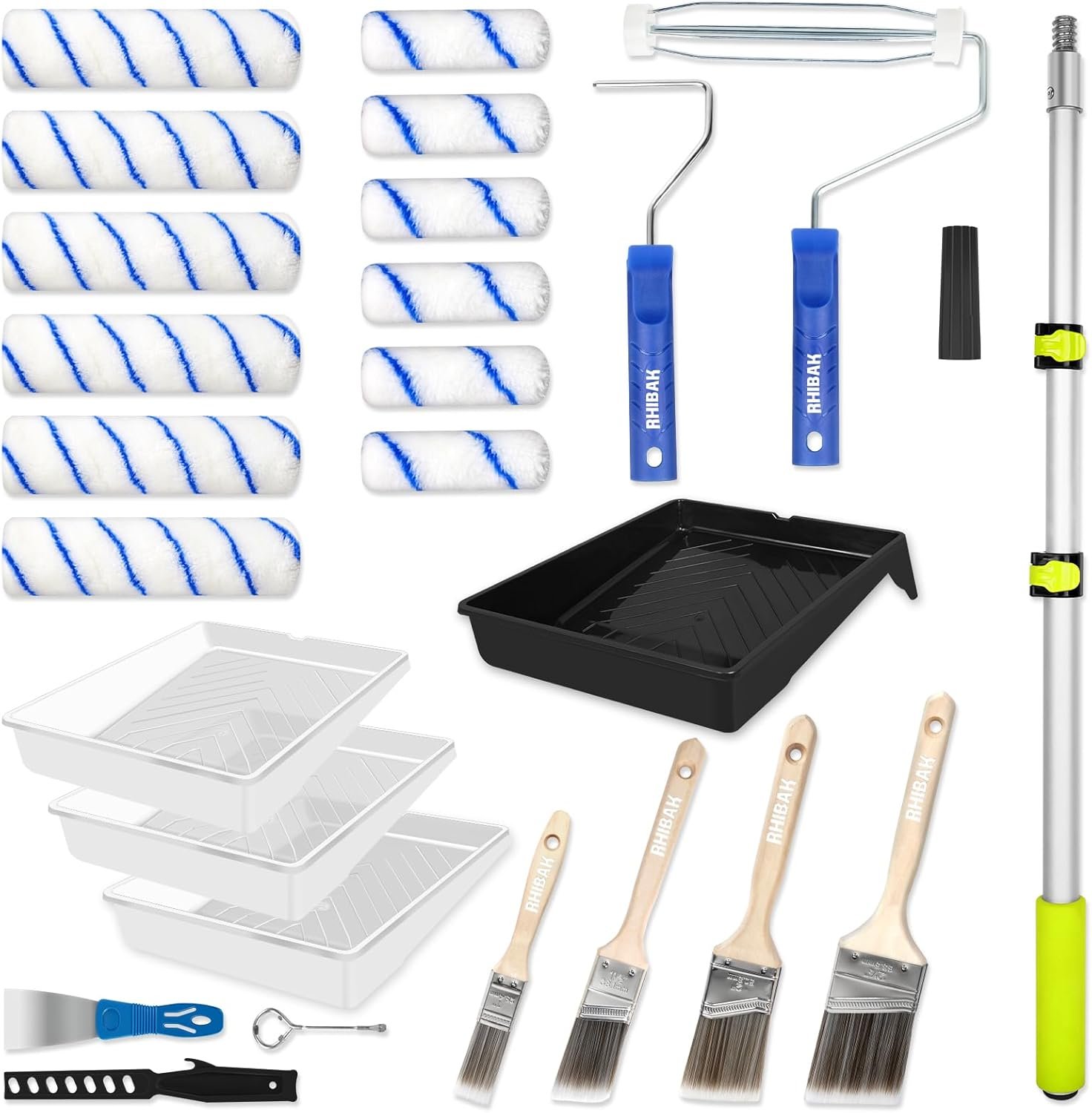 Paint Roller Kit with Extension Pole, 27 Piece Set, 2 to 4 Ft Pole, 4″9″ Paint Rollers, Paint Brushes Set for Professional Painting,House Paint Roller for All Latex and Oil Paints & Stains