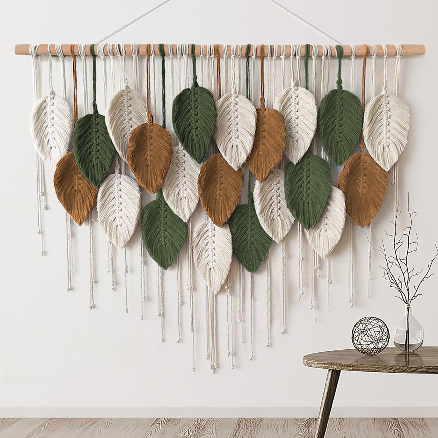Large Macrame Wall Hanging Boho Woven Tapestry Chic Home Decor Wall Art | KHOYIME Modern Bohemian Handmade Leaf Feather Decoration for Apartment Dorm Living Room Bedroom Nursery Backdrop 39″W X29.5″L