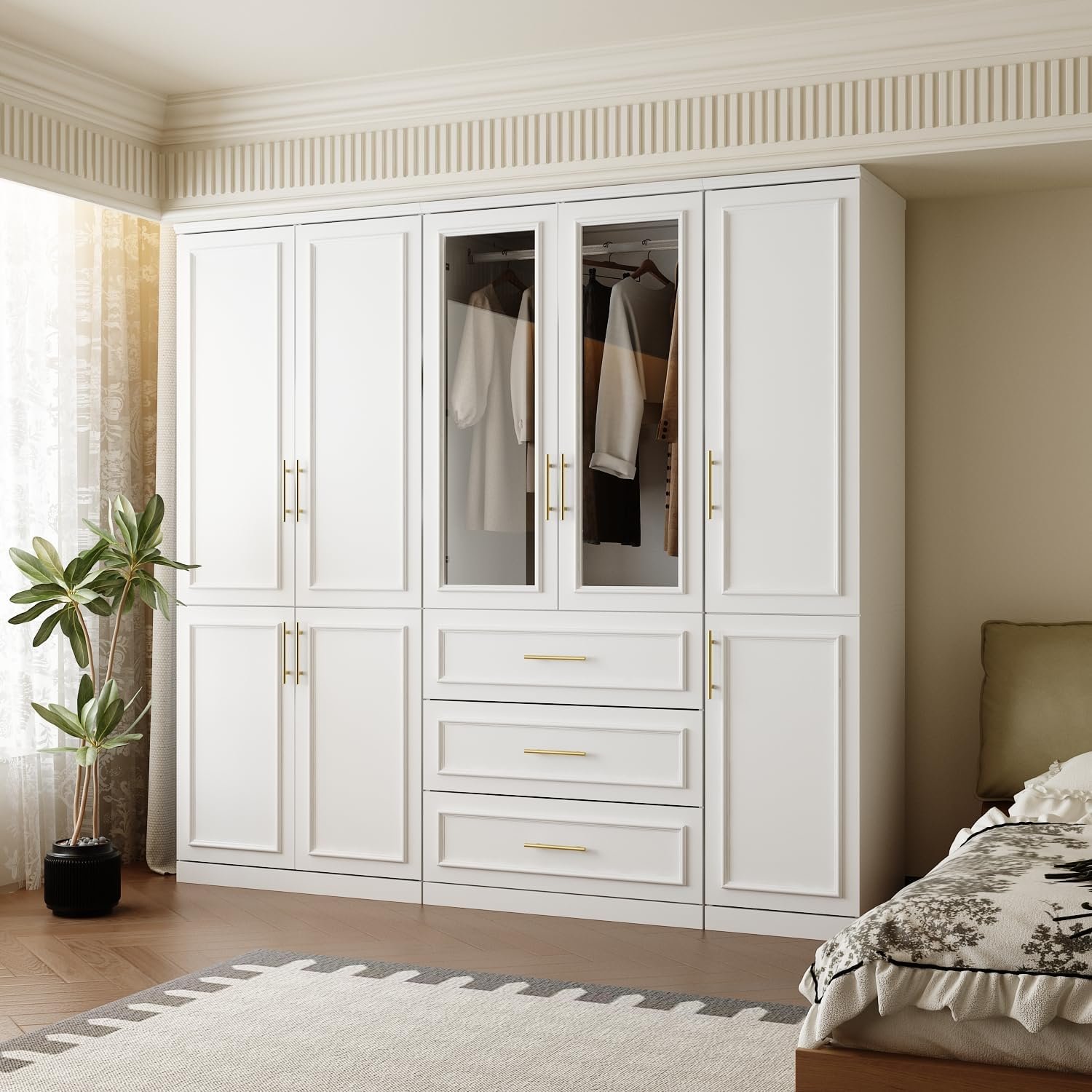 FUFU&GAGA Wardrobe Closet Collection with Doors, White Armoire System | Modern Bedroom Clothes Storage Cabinet with Drawers, Shelves, Hanging Rods, Gold Handles, 79.1”W x 19.3”D x 74.8”H