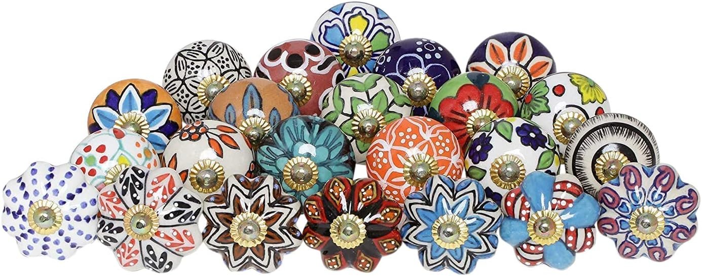 FOLK CRAFT Kitchen Cabinet Knobs – Pack of 30 – Indian Countryside Colorful Assorted Ceramic Drawer Pull Handle Dresser Cupboard Wardrobe Knob Boho Room Interior Decor – Multicolor