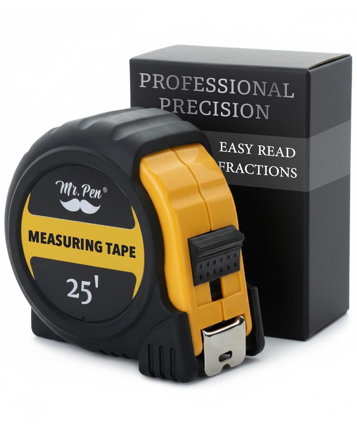 Mr. Pen- Retractable Tape Measure 25 ft, Yellow, Easy Read | Steel Retractable Measuring Tape with Fractions, Ideal for Construction & DIY Projects