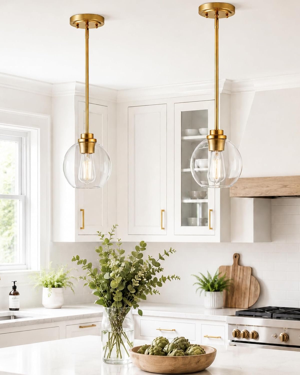 Brass Pendant Lights Kitchen Island 2 Pack, Farmhouse Gold Pendant Light with Clear Glass Globe Shade, Kitchen Island Lighting for Dining Room Entryway, AD-22280-1P2-GD-C