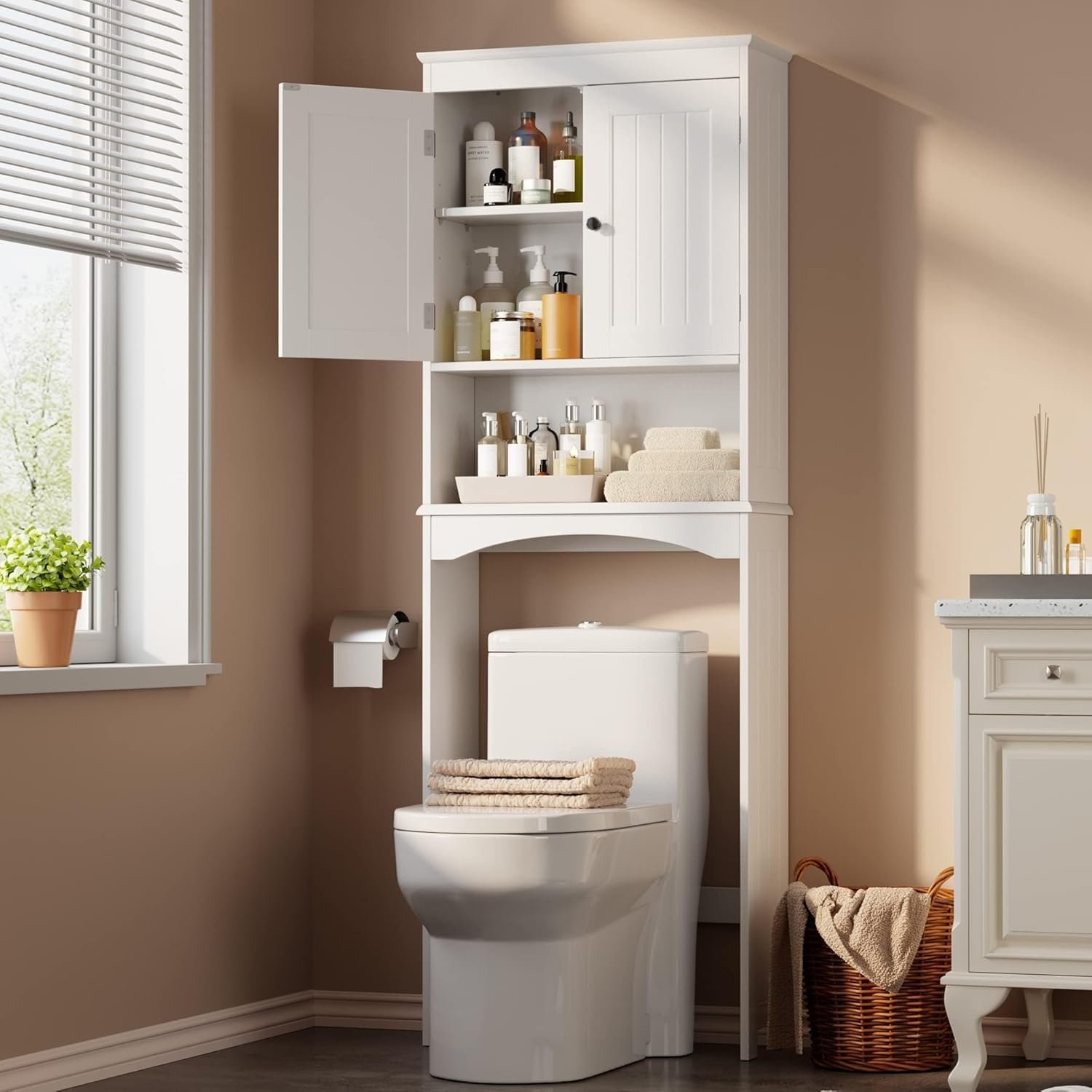 Gizoon Over the Toilet Storage Cabinet with Adjustable Shelf, White | Bathroom Space Saver Organizer Above Toilet with Open Shelf and Double Doors, Taller Wooden Free Standing Toilet Rack
