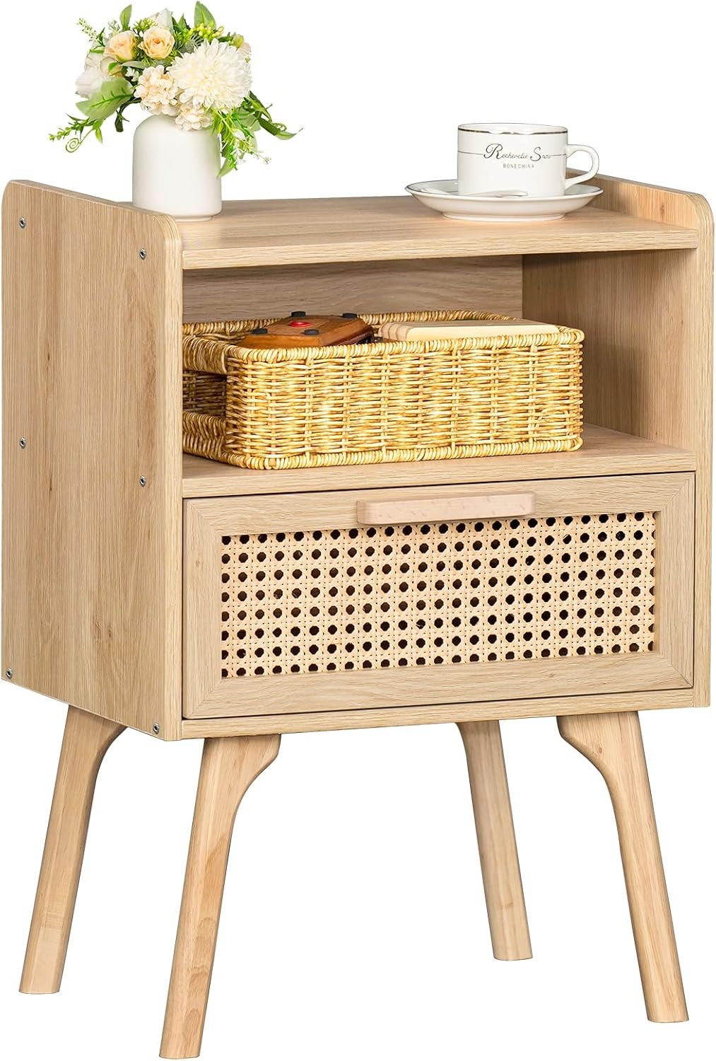 Lerliuo Rattan Nightstand, Boho Side Table with Drawer Open Shelf | Cane Accent Bedside End Table with Solid Wood Legs for Bedroom, Dorm and Small Spaces (Natural)