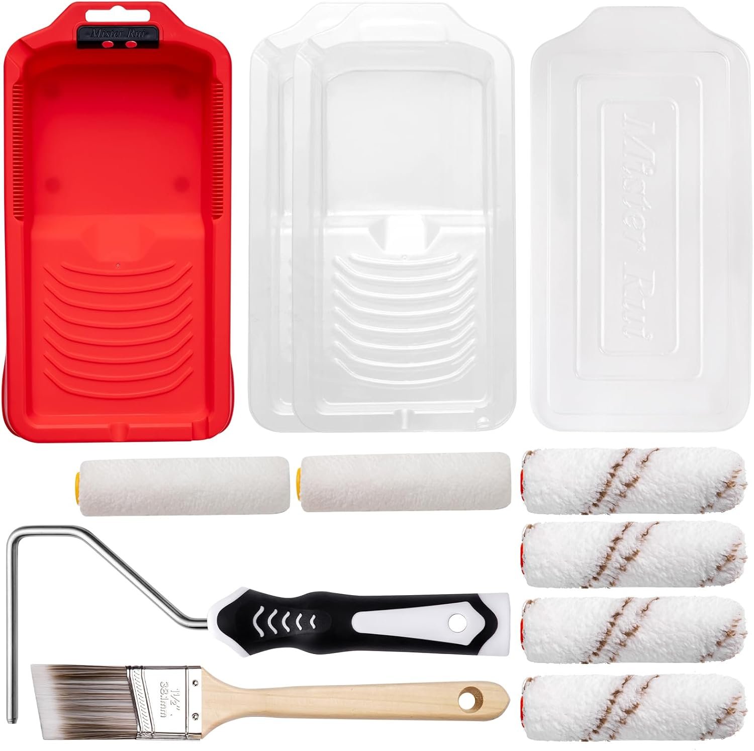 Mister Rui 4 Inch Mini Paint Roller Kit 12-Pc with Tray, Liners & Brush | Microfiber Sleeves for Smooth Finish. Ideal for Walls, Cabinets, Trim, Furniture and DIY Projects