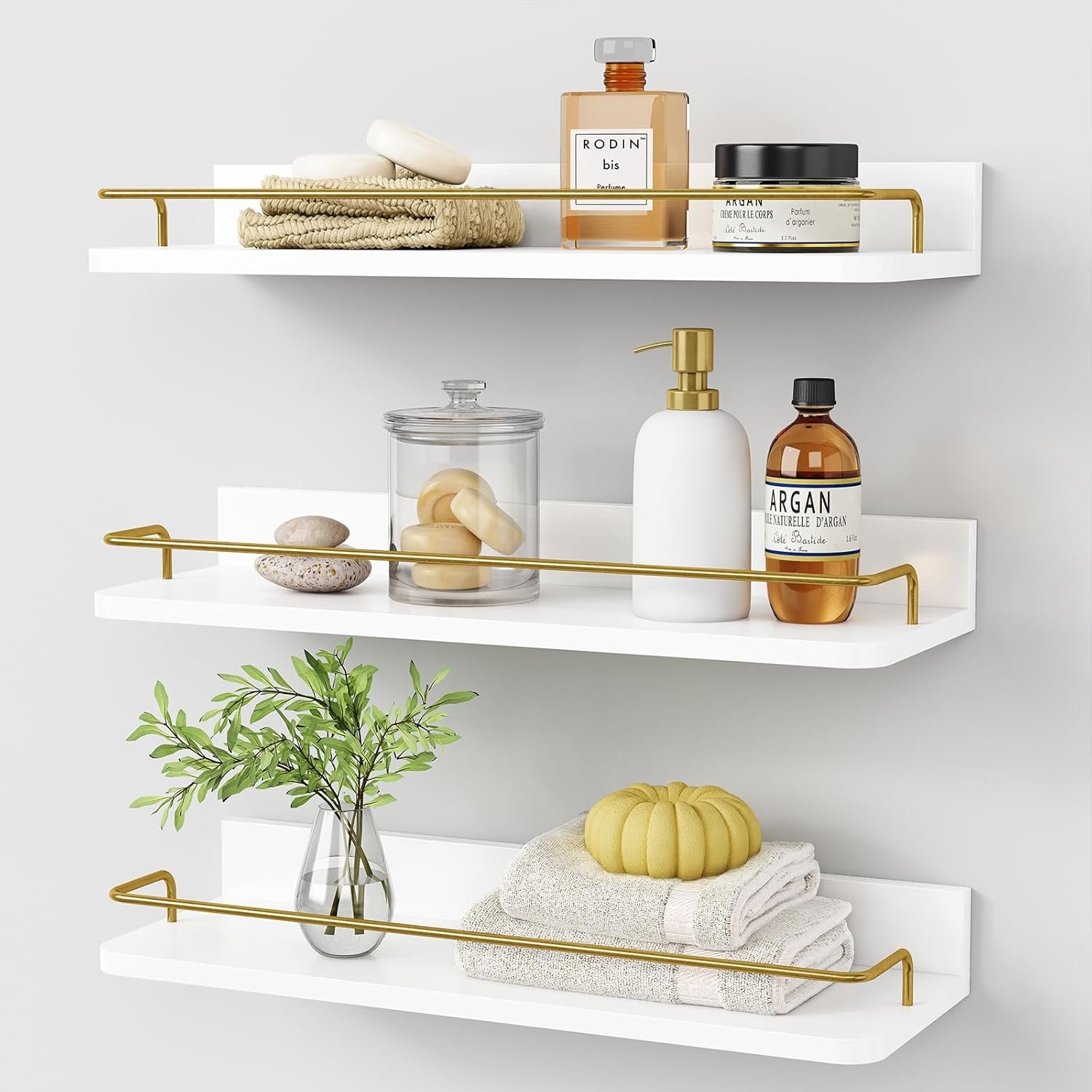 Forbena Gold Floating Shelves for Wall Decor Set of 3, Bathroom Shelves Over Toilet, Modern Display Wall Shelf with Guard Rail for Living Room Bedroom Organizers and Storage – White and Gold