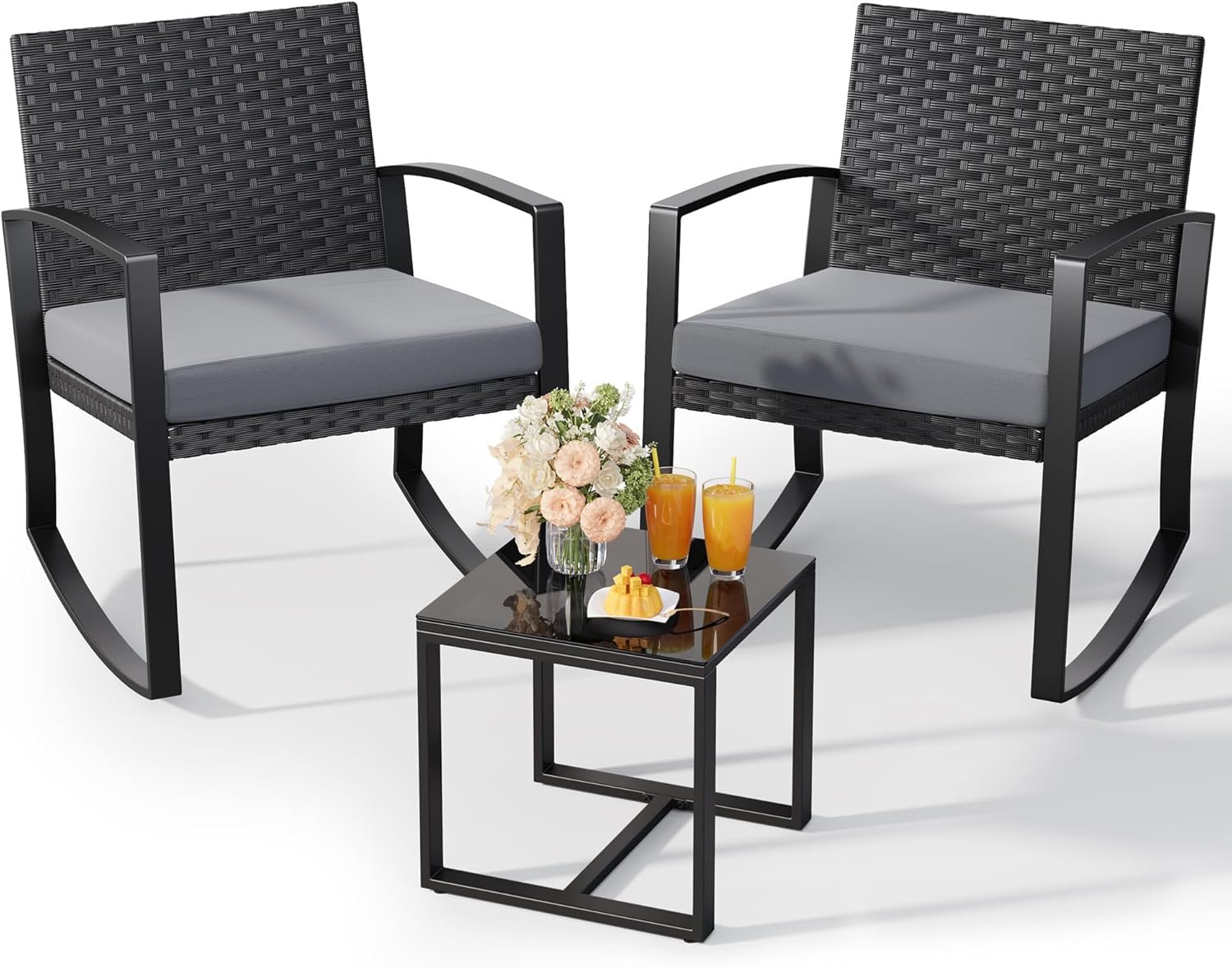 Qsun 3 Pieces Patio Furniture Set Rocking Bistro Set Outdoor Rattan Conversation with Coffee Table for Garden Balcony Backyard Poolside (Grey Cushion)