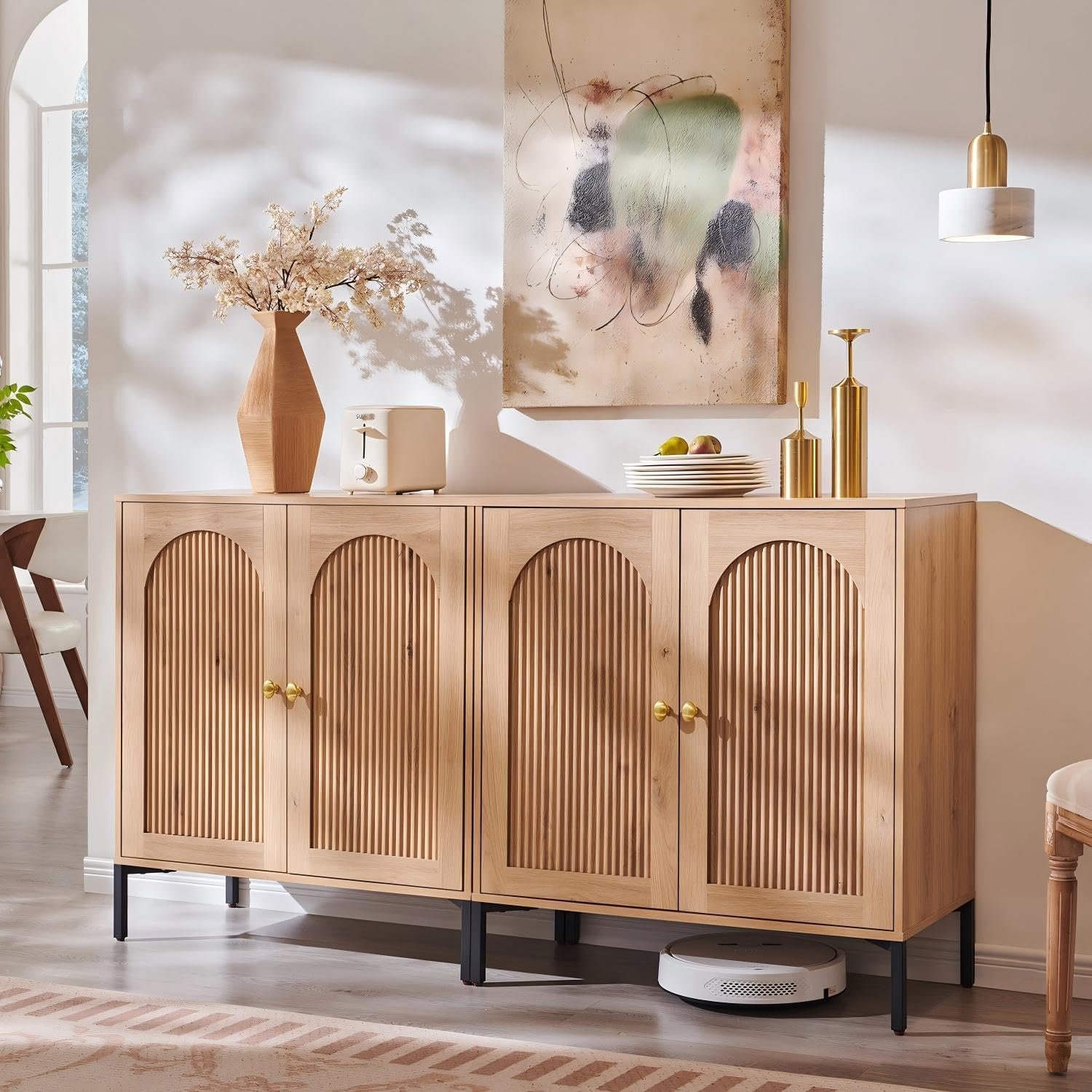 IFGET 61.75″ W Modern Arched Sideboard Buffet Cabinet with Storage, Natural | Fluted Arch Sideboard Cabinet w/Adjustable Shelves, Wooden Modular Kitchen Cabinet for Dining& Living Room, Entryway