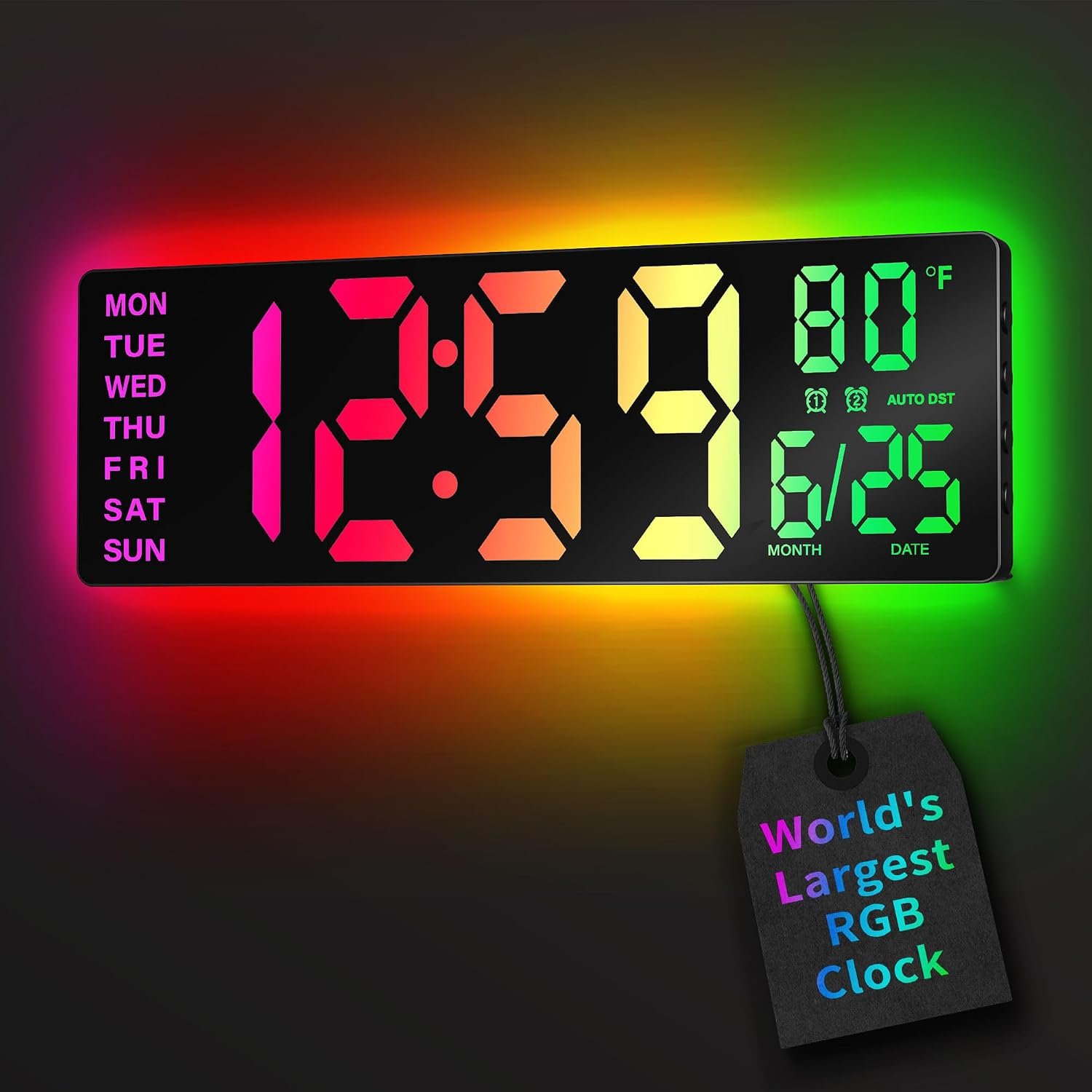 EASYERA 16.5″ Large Digital Wall Clock with BT Sync,11 RGB Lights | Classroom Clock Remote Control, Big LED Display, Dual Alarms, Auto DST, Temperature | Gaming
