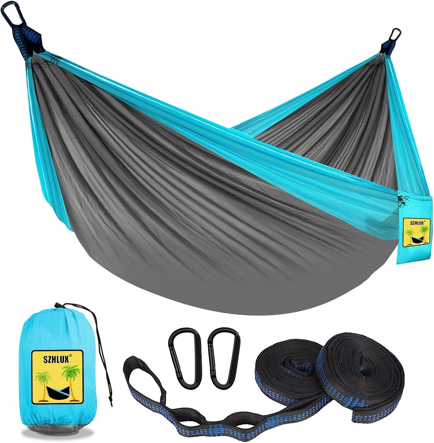 SZHLUX Camping Hammock Double & Single Portable Hammocks with 2 Tree Straps and Attached Carry Bag,Great for Outdoor,Indoor,Beach,Camping,Light Grey / Sky Blue | With 2 Tree Straps and Attached Carry Bag,Great for Outdoor,Indoor,Beach,Camping