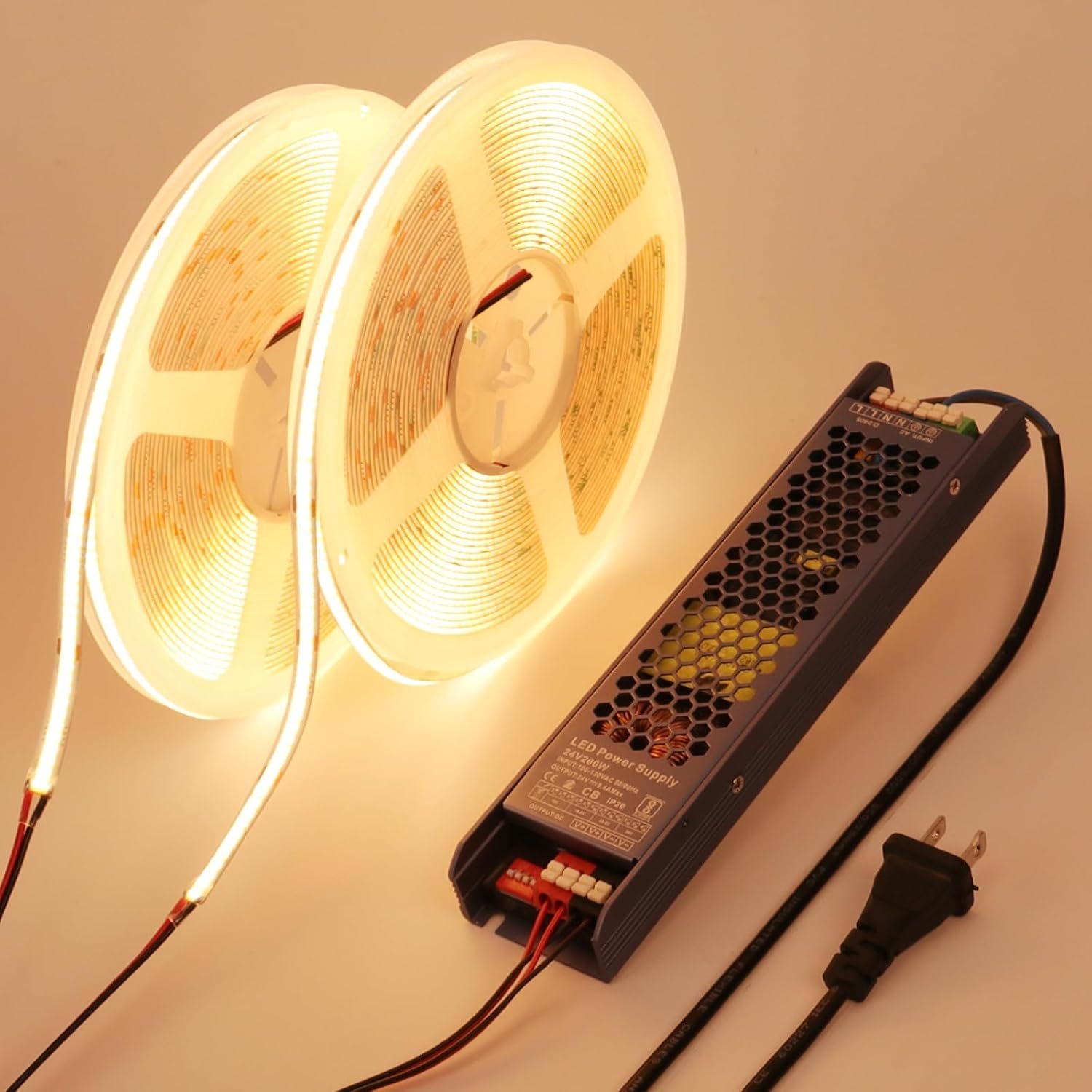 BENLUN 24V COB LED Strip Lights 65.6ft CRI 93 Cuttable with Power Supply | LED Tape Light Adhesive 160W 312LEDs/m for Bedroom Kitchen Living Room Ceiling, 2 Rolls of 32.8ft