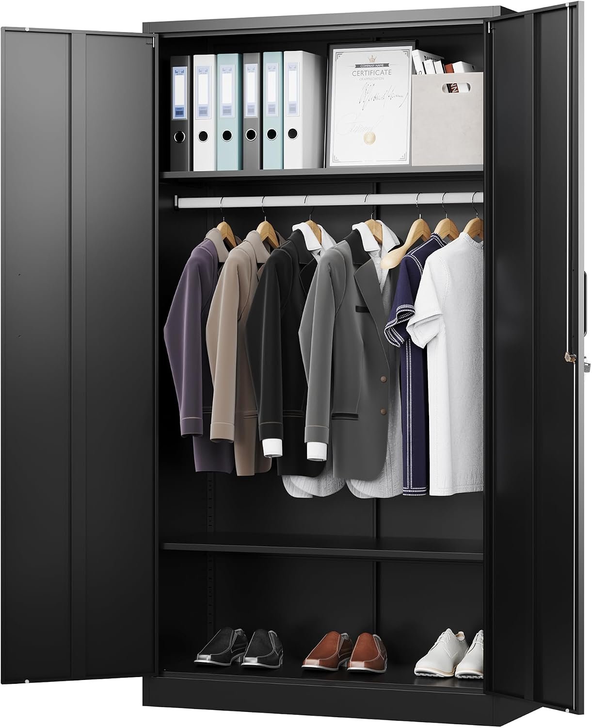 Metal Wardrobe Cabinets with Lock,Clothing Locker 72″ X 36″ X 18″ Storage Cabinets for Home Room,Fire Department, School, Employee,Gym,Government (Black)