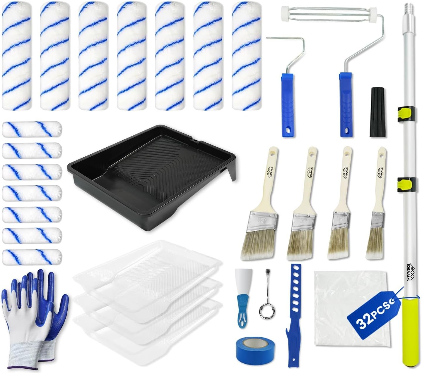 32PCS Paint Roller Kit with Extension Pole – 2 to 4 FT Pole, 4 inch 9 inch Paint Rollers, Paint Brushes for Walls, Painters Tape & Drop Cloth, Microfiber Roller Covers for Professional Painting