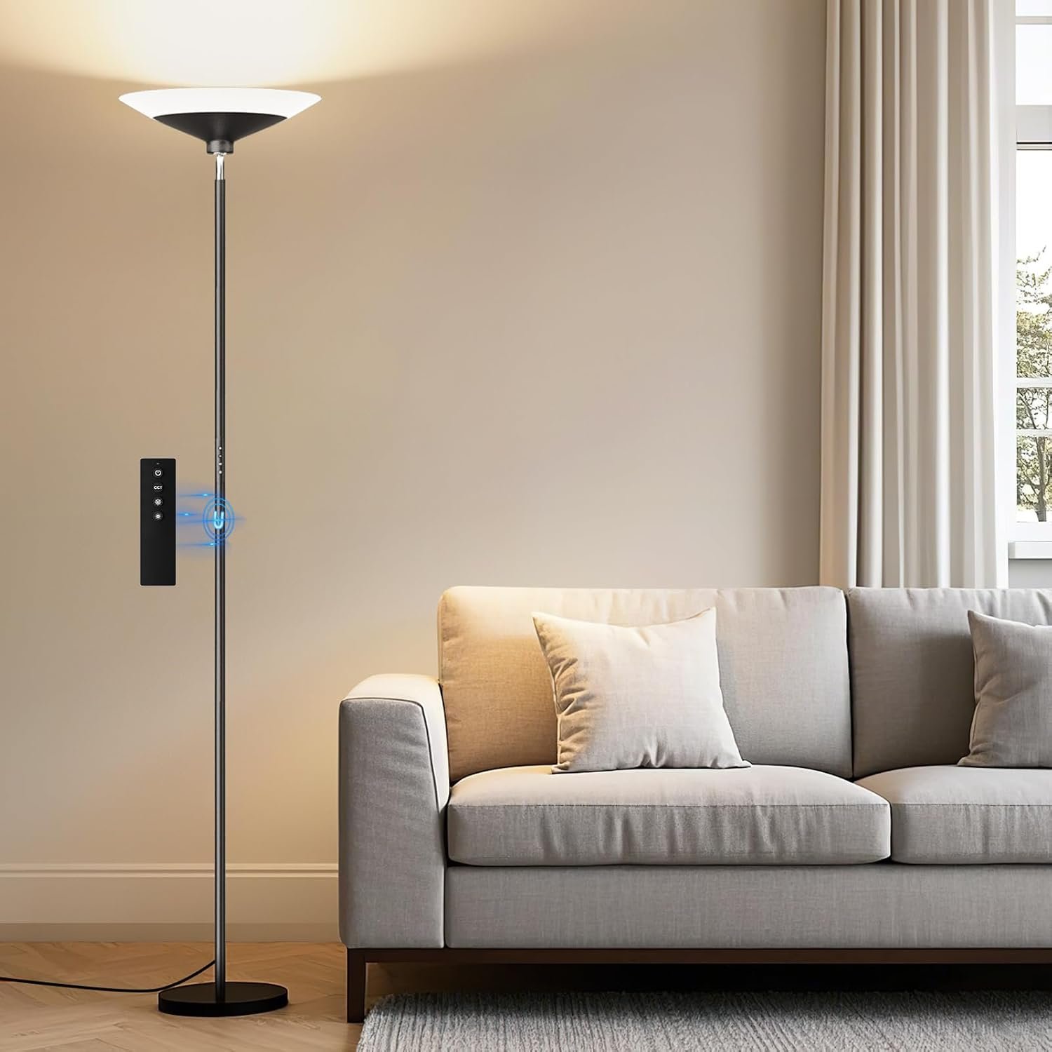 Torchiere Floor Lamp – 72″ Tall LED Standing Lamp with Remote/Button Control, 1800Lm, 3000-6500K, 30W Dimmable Modern Corner Floor Light for Living Room Bedroom Office Apartment, Black