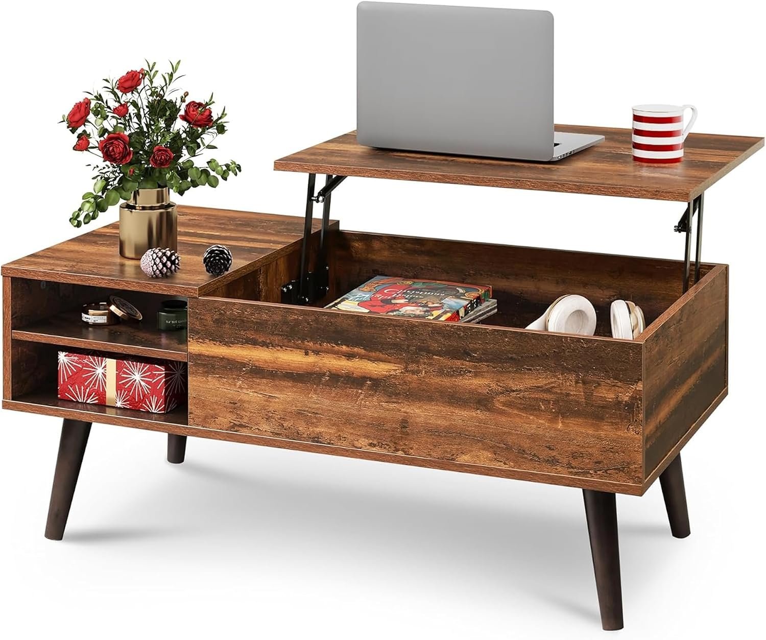 WLIVE Lift Top Coffee Table with Hidden Storage, Adjustable Shelf, Brown | Mid Century Modern Wooden Coffee Table, for Dining/Living Rooms/Offices; 39.4″W x 19.7″D x 16.9″H