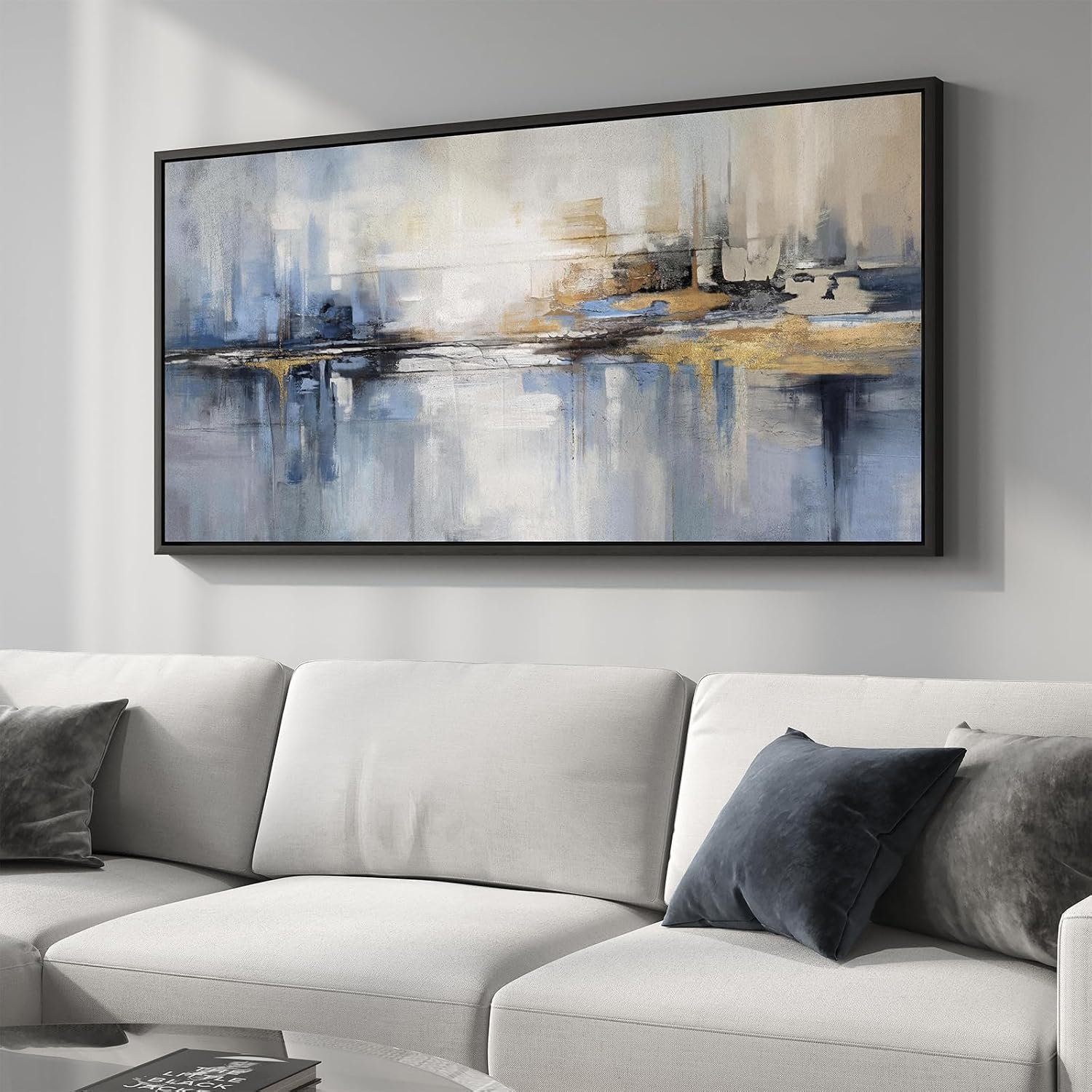 Extra Large Framed Blue Abstract Wall Art for Living Room, Horizontal 30×60 | Modern artwork for walls, Canvas prints, Wood frame, Minimalist Paintings, Pictures wall decor for bedroom dining room office