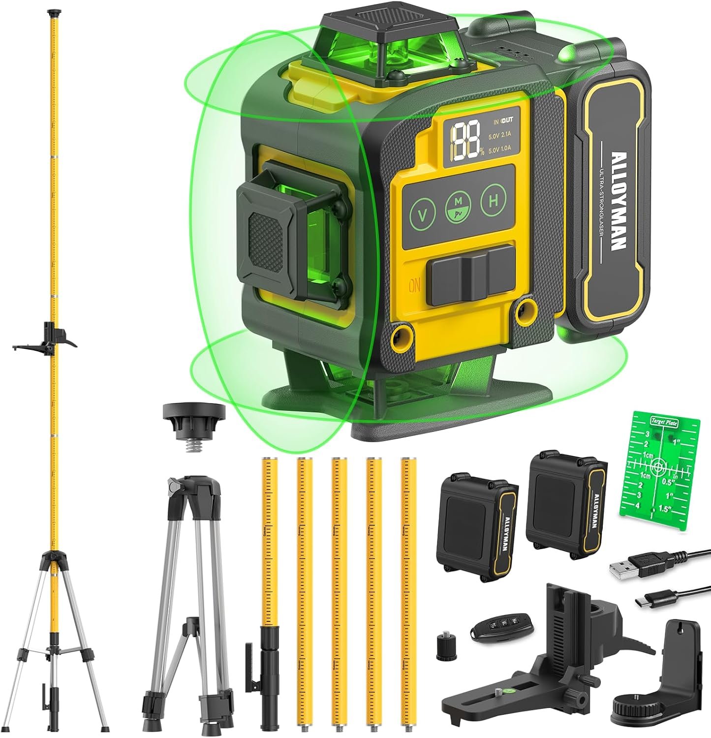 Alloyman 4×360°Self Leveling Laser Level, 12 Ft./3.7M Professional Laser Level Pole with Tripod, Green Line Lazer Leveler Tool with 2* Li-ion Batteries for Picture Hanging, Tile, Home Renovation