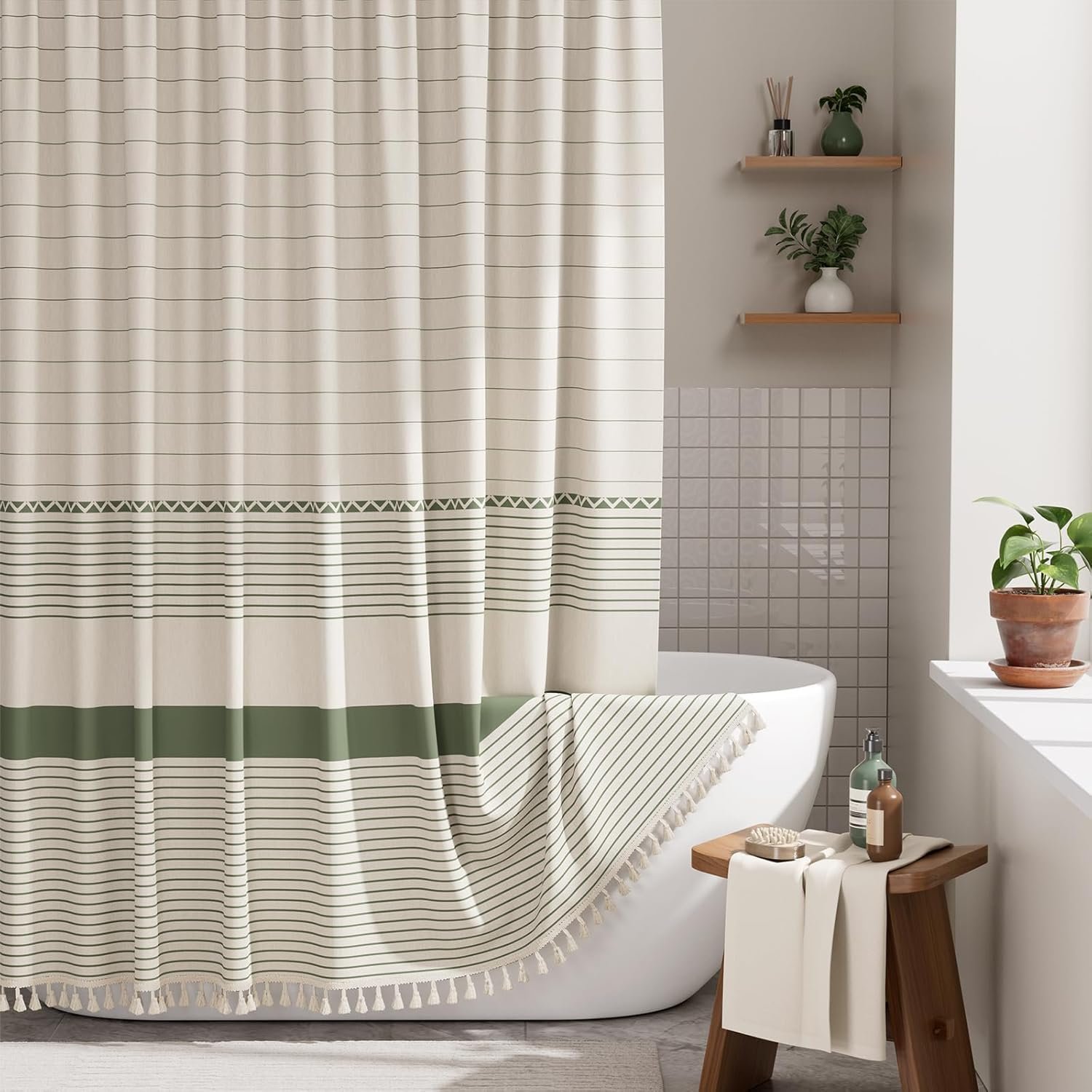 AmazerBath Boho Shower Curtain, Modern Farmhouse Shower Curtain Set with Tassels, Rustic Faux Linen Green Striped Shower Curtain with Hooks, Light Tan Toned, 72×72 Inches