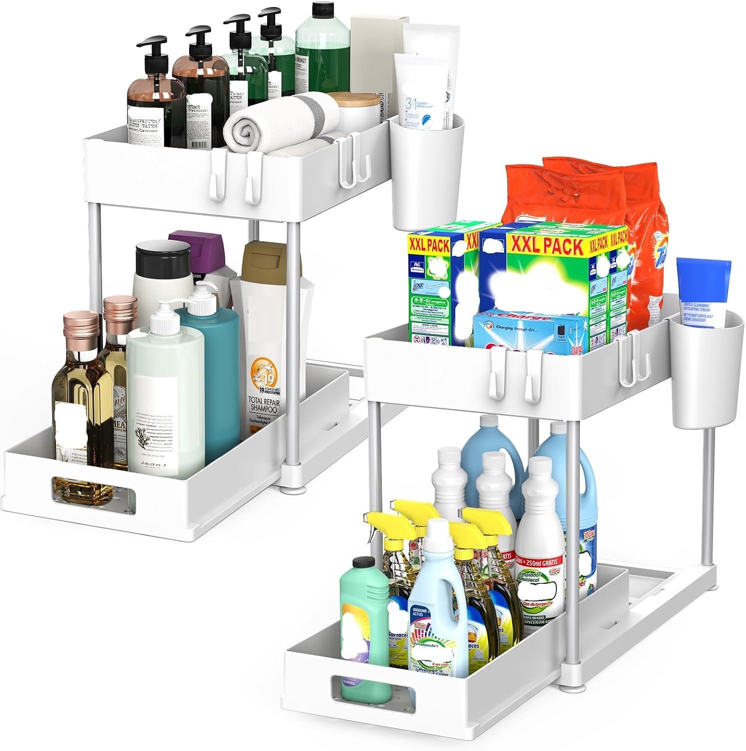 2 Pack Under Sink Organizer with Pull-Out Drawer, White | 2-Tier Cabinet Storage, Kitchen & Bathroom, Tool-Free Assembly, Fits Cleaning Supplies & Toiletries, Space Saving