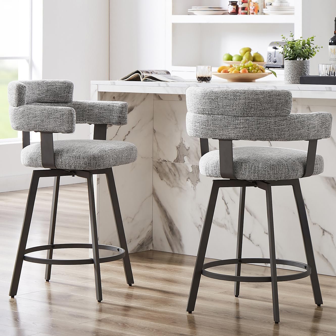 Counter Height Bar Stools with Full Back – Swivel Counter Stools Set of 2 with Linen Padded Back, Metal Footrest, Modern Barstools for Kitchen Counter, Island, Dining Room, Grey 24 inch