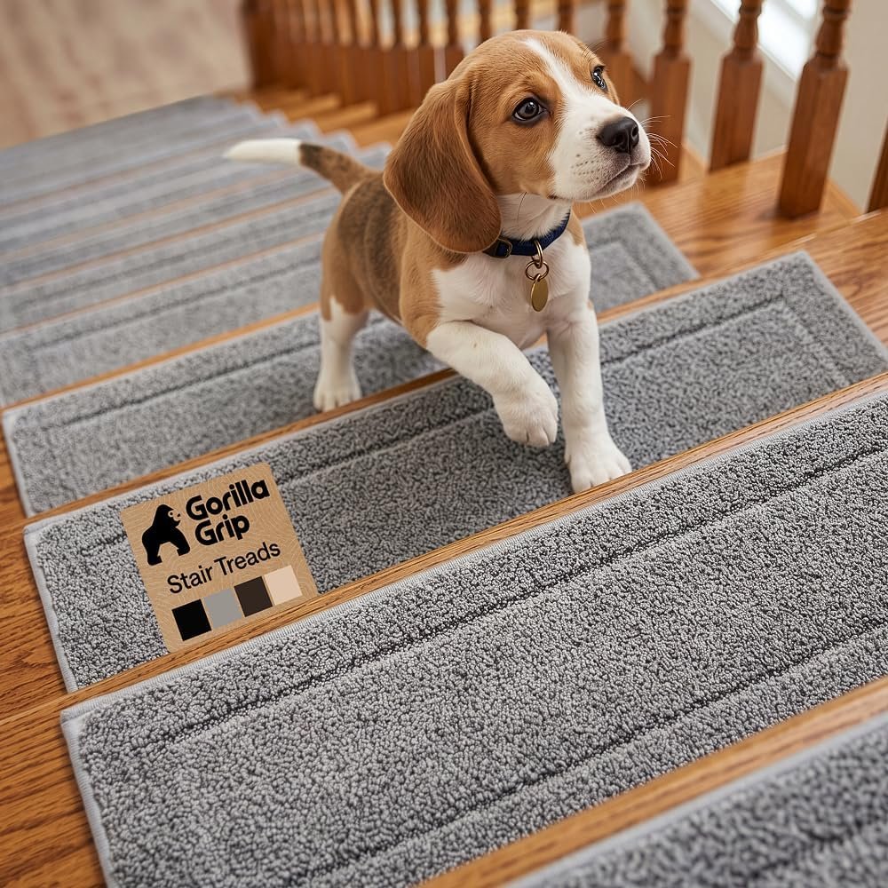 GORILLA GRIP Stair Treads for Wooden Steps,15 Pack Peel and Stick, Multi-Surface Use, Machine Washable Carpet Runners, Indoor Rugs for Stairs, Pet Friendly, Universal Size, Gray, 8×28 Inches