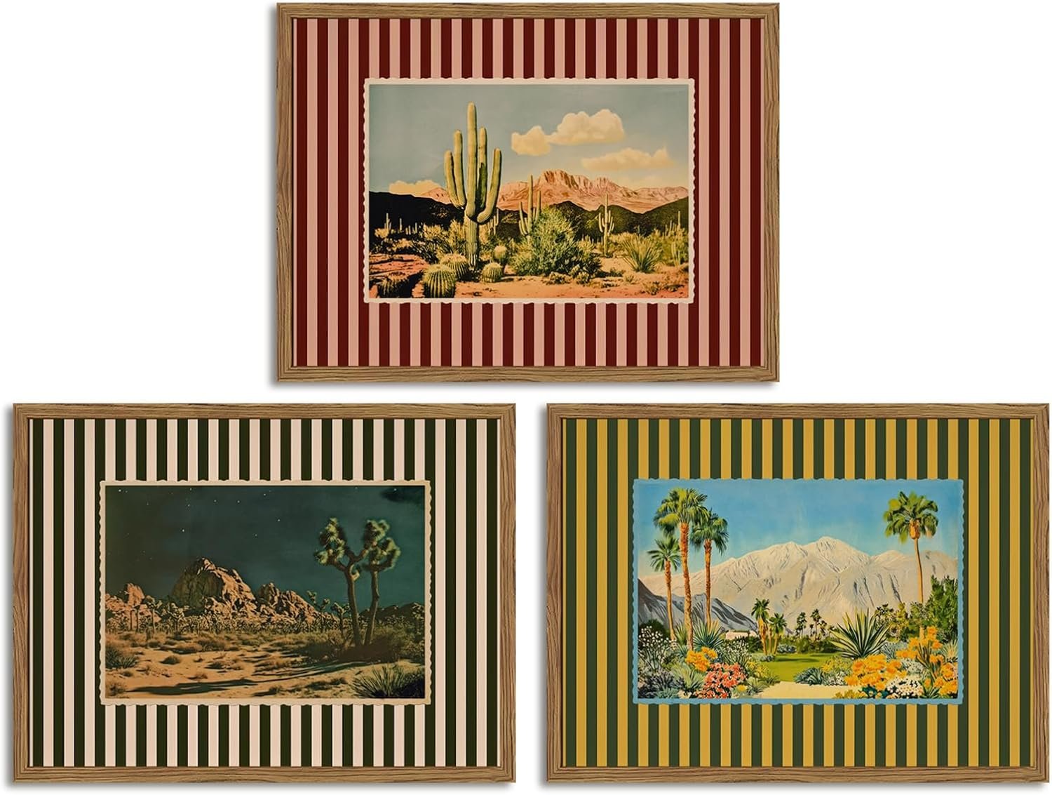 Framed Vintage Western Nature Landscape Wall Art Set of 3, Striped Postcards Southwest Desert Cactus Pictures Wall Decor Paintings, Boho Plant Canvas Prints for Living Room Bedroom Office 12×16 inch