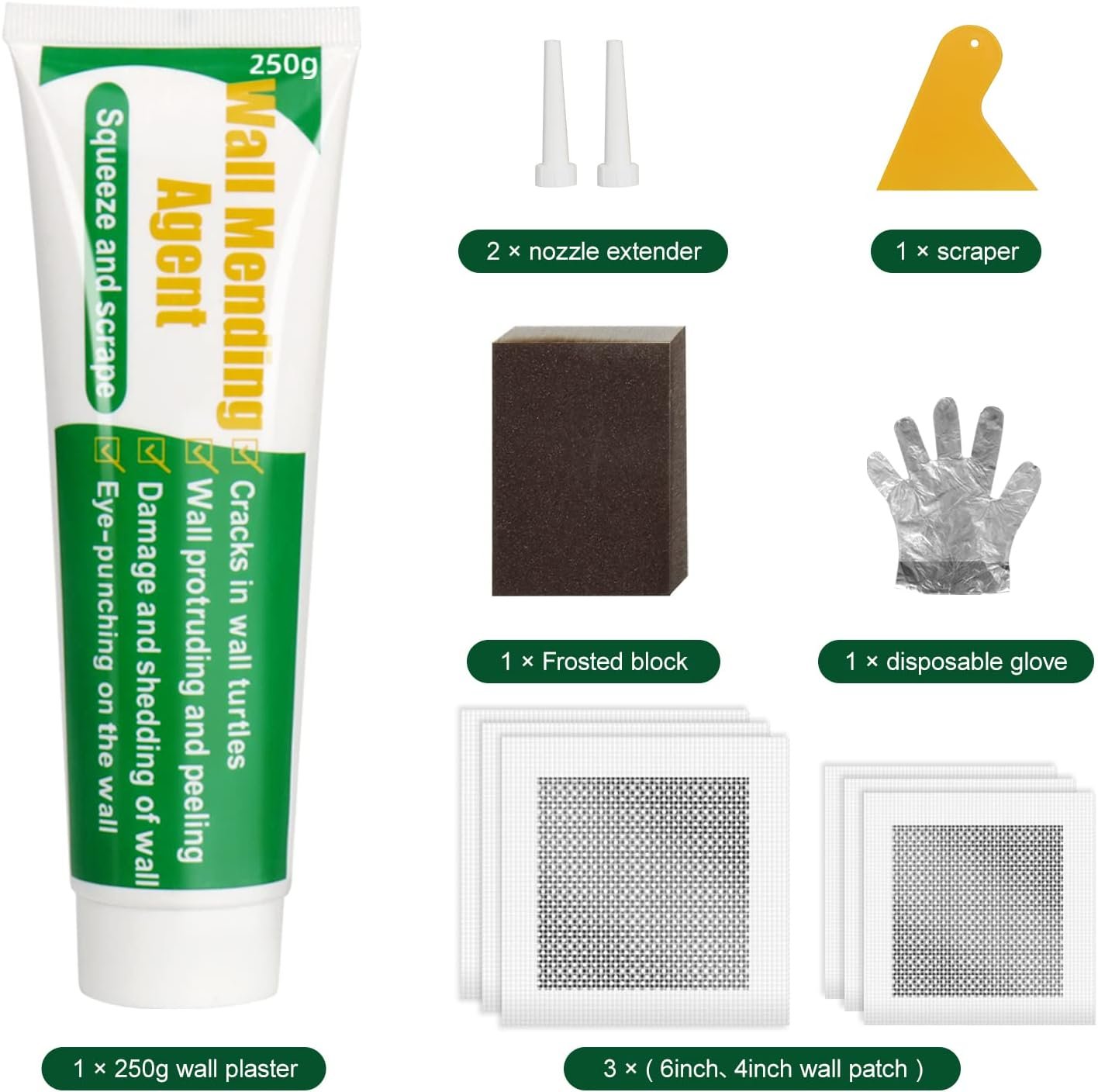 Drywall Repair Kit, 250g Wall Mending Agent with 6Pcs Wall Patches | Reusable Frosted Block, Scrapers, Easy Hole Filling for Aluminum, Metal, Plaster, Sheetrock & Ceiling