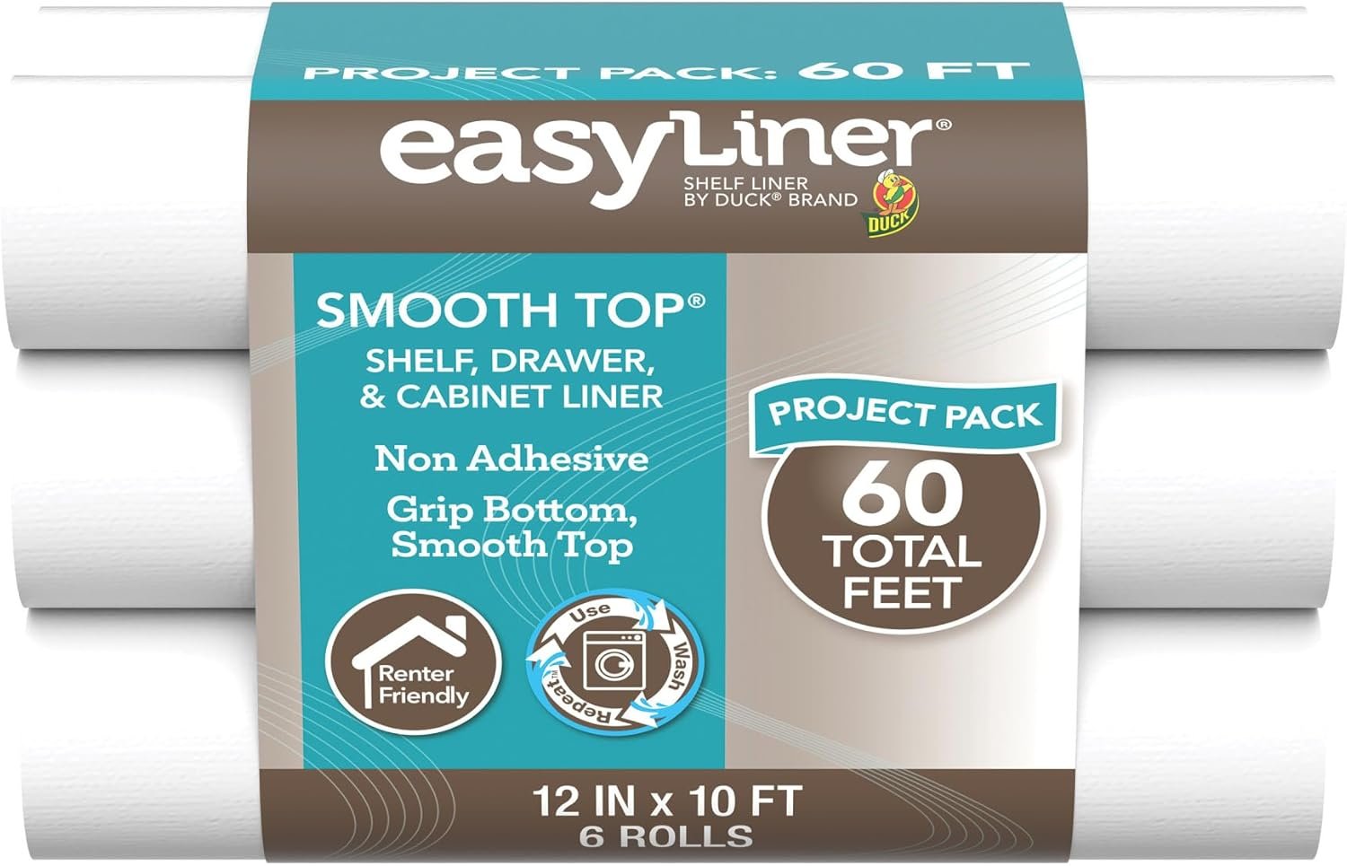 Smooth Top EasyLiner for Cabinets & Drawers, Easy to Install, Shelf Paper & Drawer Liner Non Adhesive, Non Slip Shelf Liner for Pantry, Kitchen Essentials, 12 in x 10 ft (6 Pack), 60 ft, White