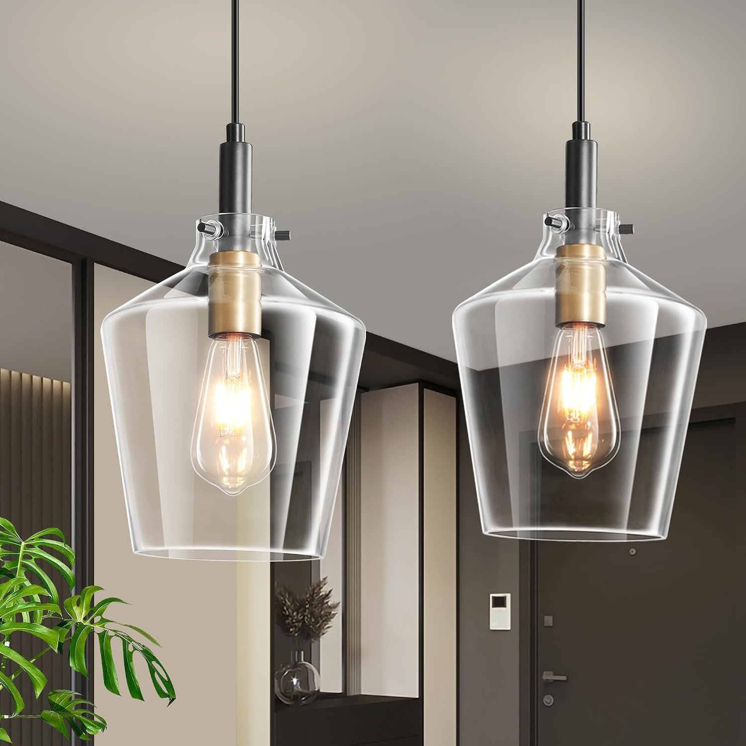 Glass Pendant Lighting for Kitchen Island 2 Pack Black Gold Clear 8 Inch | Adjustable cord Dimmable, E26 bulbs, Rust-resistant Damp Rated For Bathrooms, 5-Year Manufacturer Warranty, UL Certification