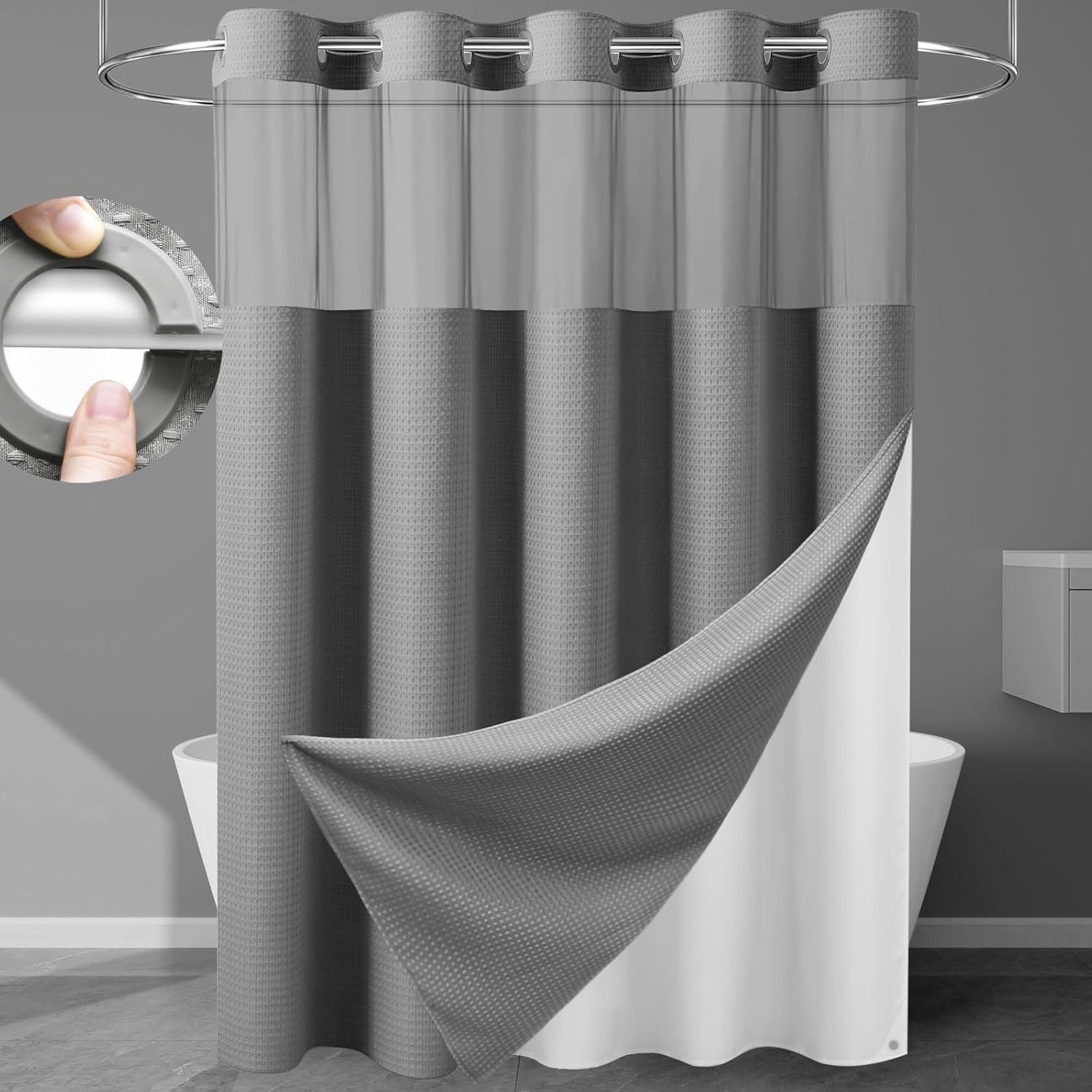 EUTXL 256GSM Heavyweight No Hook Waffle Shower Curtain, Grey, 71×74 | with Snap in Liner, Heavy Duty, Hotel Luxury Spa, Waterproof Fabric, Corner Magnets, 3 in 1 Set, Washable, Hang in Seconds