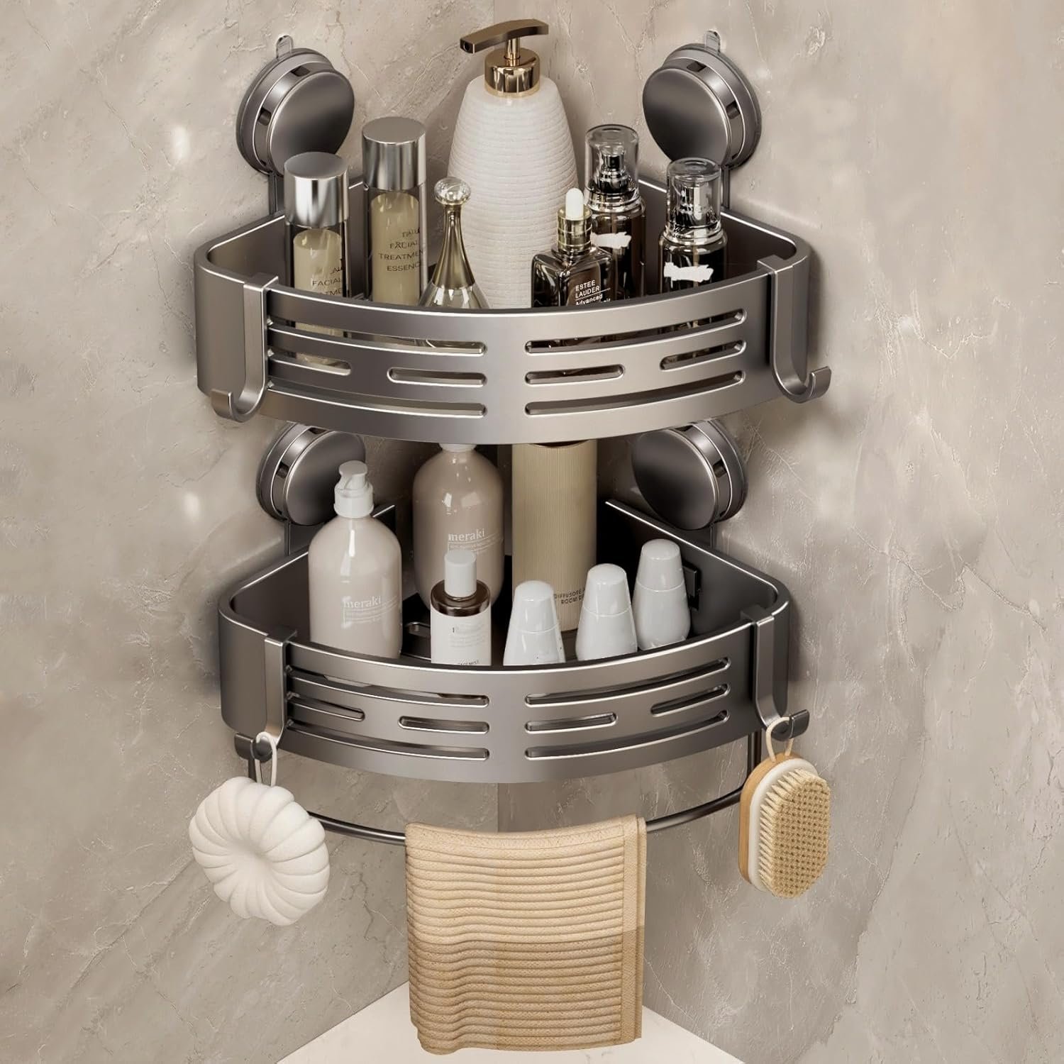 Corner Shower Caddy Suction Cup Shower Shelf Corner No Drilling Bathroom Shower Organizer Storage Rack Adhesive with Towel Bar Hooks (2-Pack,Gray)