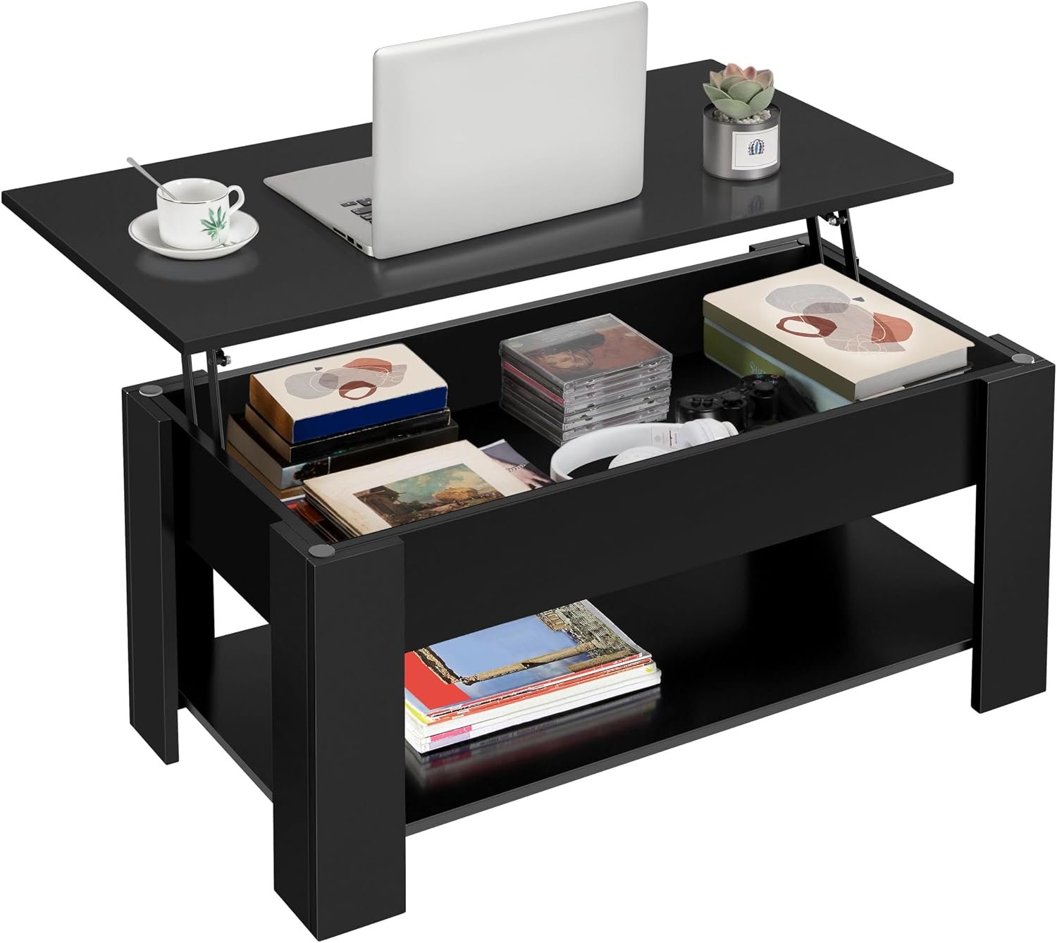 Yaheetech Black Lift Top Coffee Table with Storage for Living Room, 38.6″ | Hidden Storage & Lower Shelf, Sturdy Engineered Wood Small Coffee Table for Apartments, Raises Up to Eat or Work on the Sofa