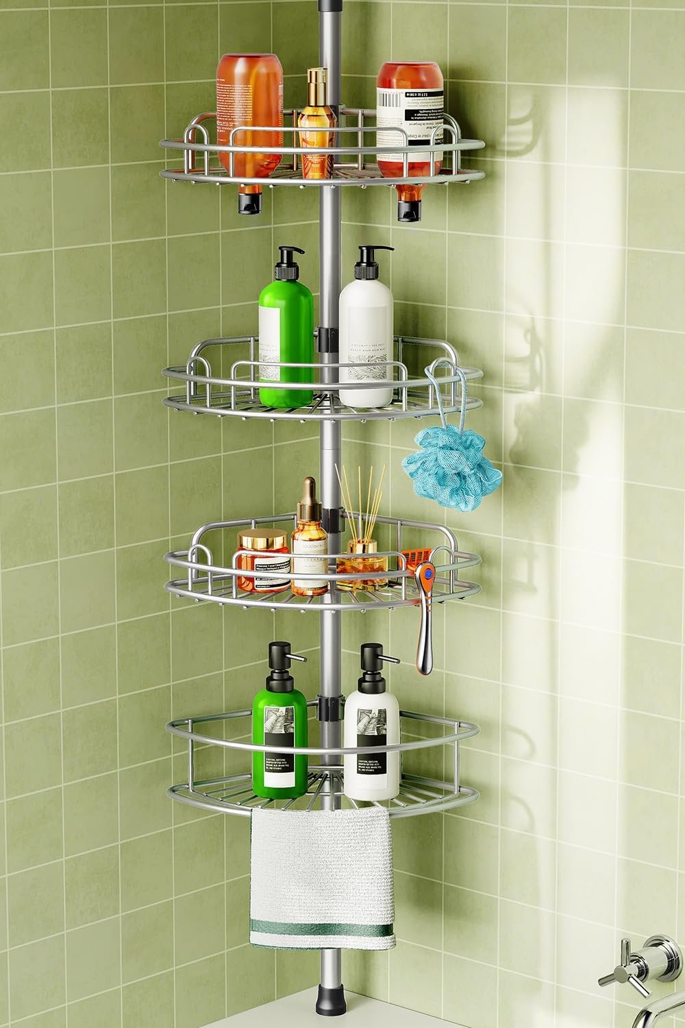 HAMITOR Corner Shower Caddy Tension Pole 4 Tier Rustproof Shampoo Organizer | 47.7-123.6In Adjustable Shelves For Renters, No Drill Quick Install, Space Saving Family Bathroom Storage, Silver Gray Finish