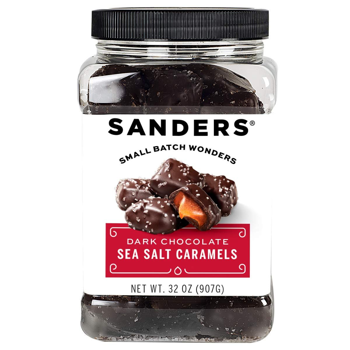 Sanders Dark Chocolate Sea Salt Caramels (32 oz Tub) | Handcrafted Small Batch Slow Cooked Caramel, Sea Salt Dark Chocolate with Rich Indulgent Flavor, Sweet & Salty