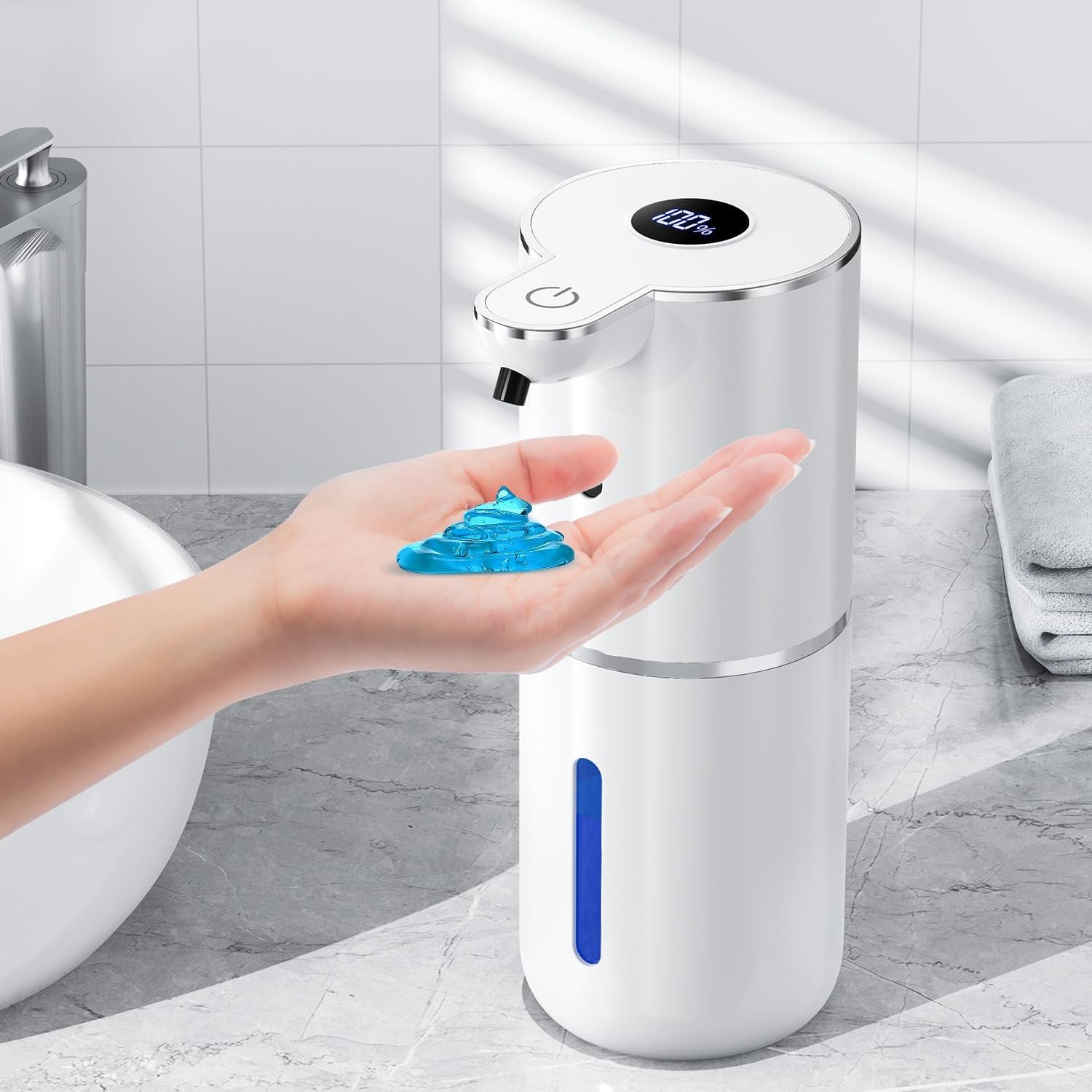 Fachixy Automatic Liquid Soap Dispenser Touchless, Smart Digital Display | 12.8oz/380mL, Up to 90 Days Battery Life, 6 Adjustable Level, Rechargeable, Wall Mountable IPX5 for Kitchen & Bathroom, White