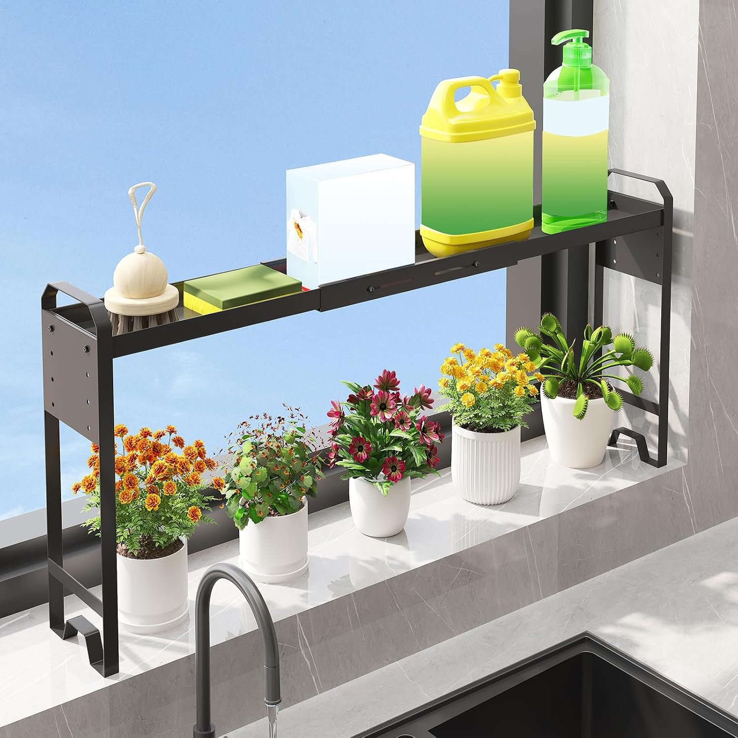 Over The Sink Shelf & Window Plant Shelf, Expandable Kitchen Organization | Adjustable in Height & Length, Multi-Purpose Storage Rack, For Stove, Bathroom, Study