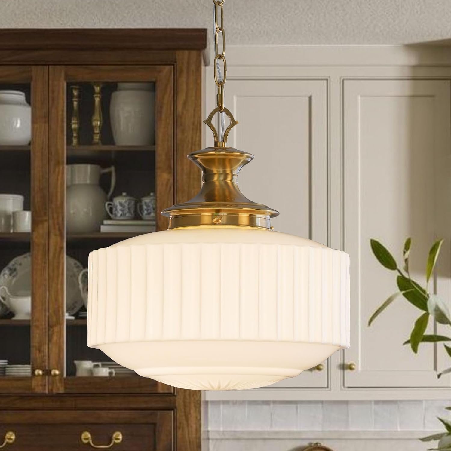 Vintage Brass Milk Glass Pendant Light Fixture, 13.8″ White Pleated Glass Chandelier, Antique Pendant Lights, for Kitchen Island Lighting, Hallway, Bedroom, Dining Room, Foyer, E26 Bulb Included