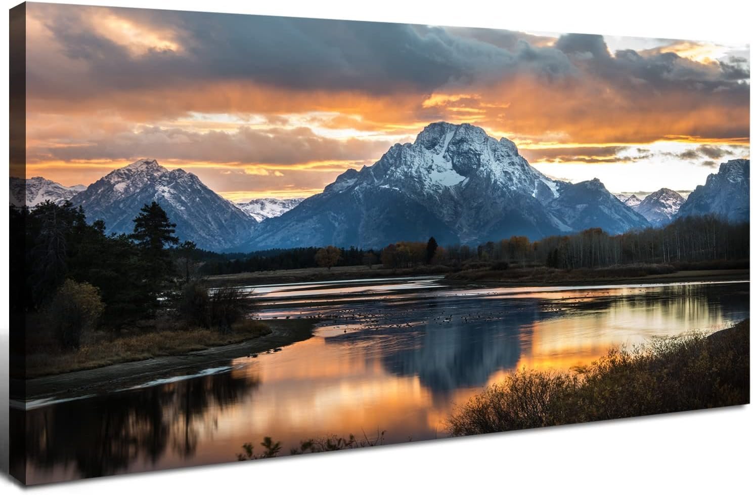 Sunset Mountain Wall Art for Living Room Nature Grand Teton Landscape Canvas Wall Decor National Park Wall Art Oxbow Bend Snake River Scenery Wyoming Painting Artwork Office Home Decoration 20×40″